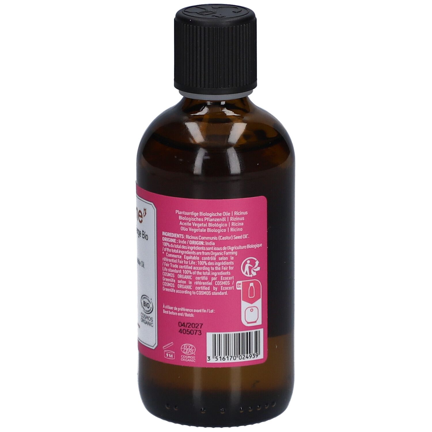 Bruine glazen fles met zwarte dop en roze etiket. Etiket met tekst en logo's, waaronder "BIO COSMOS ORGANIC".