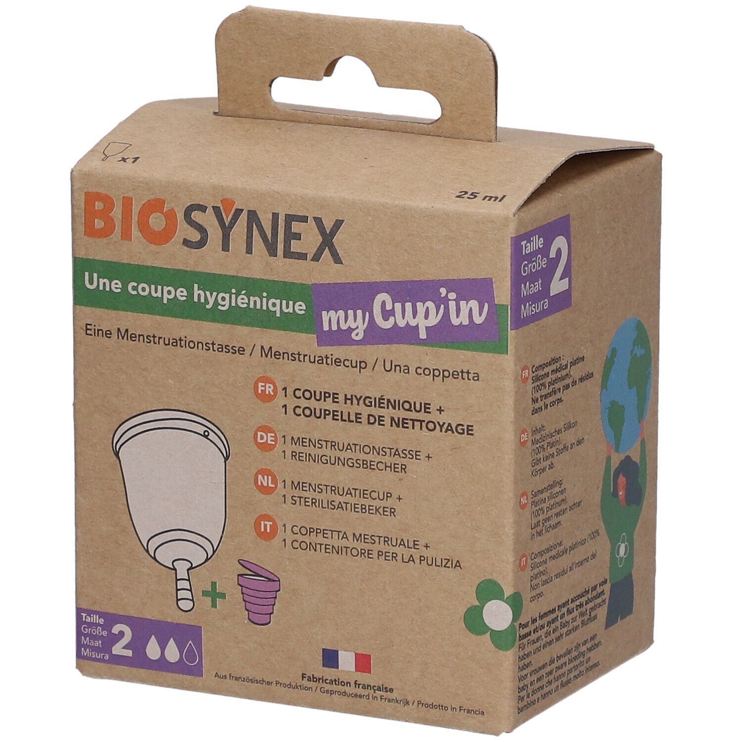 BIOSYNEX® My Cup'in Taille 2. Kartonnen doos met menstruatiecup en reinigingsbeker. Maat 2. Bruine verpakking met productillustratie.