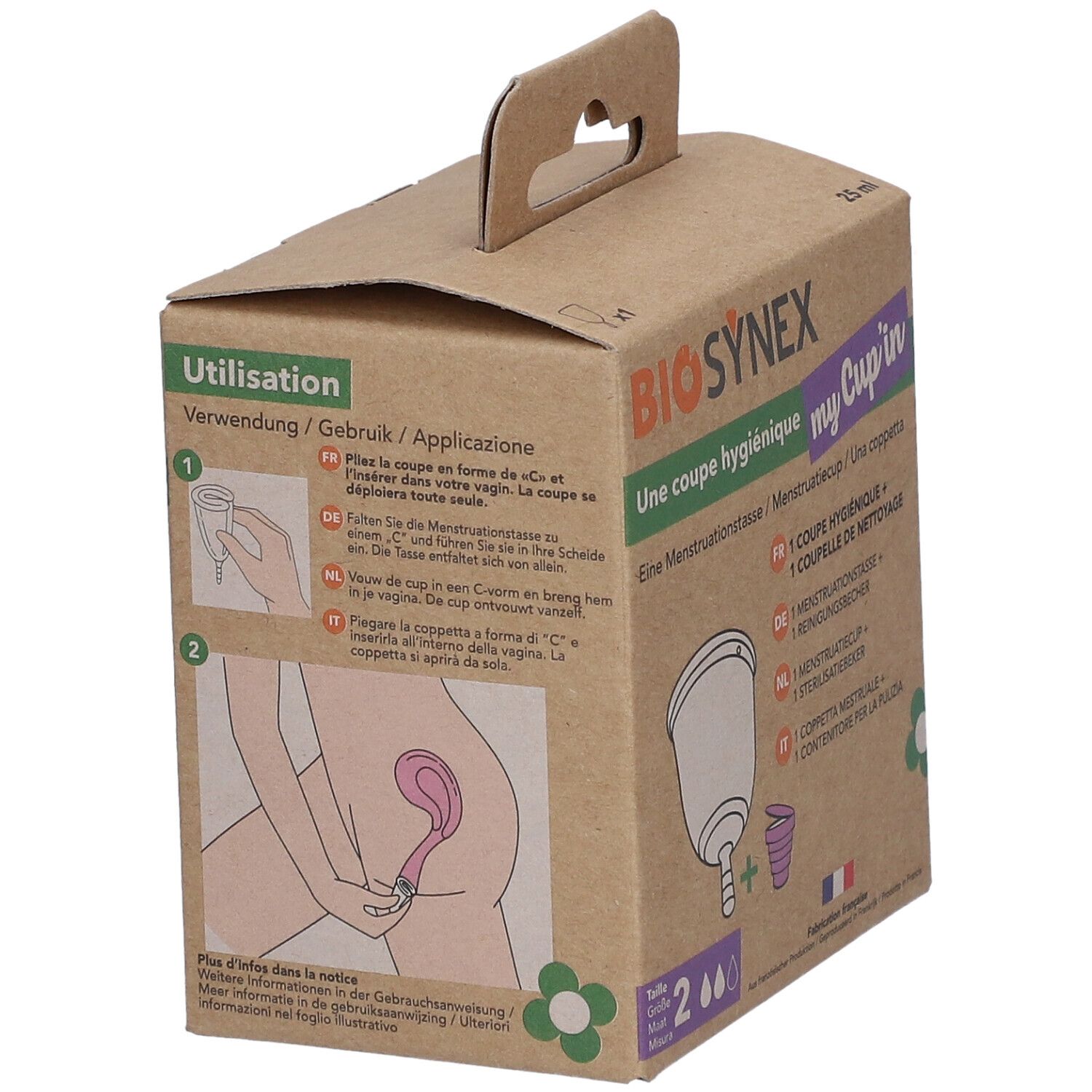 BIOSYNEX® My Cup'in Taille 2. Kartonnen doos met gebruiksaanwijzing. Illustratie van de toepassing. Bruine verpakking met illustratie.