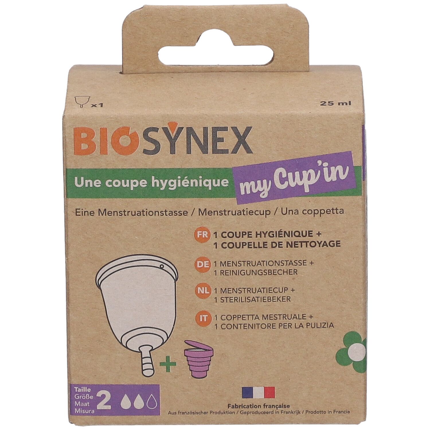 BIOSYNEX® My Cup'in Taille 2. Kartonnen doos met menstruatiecup en reinigingsbeker. Maat 2. Bruine verpakking met productillustratie.