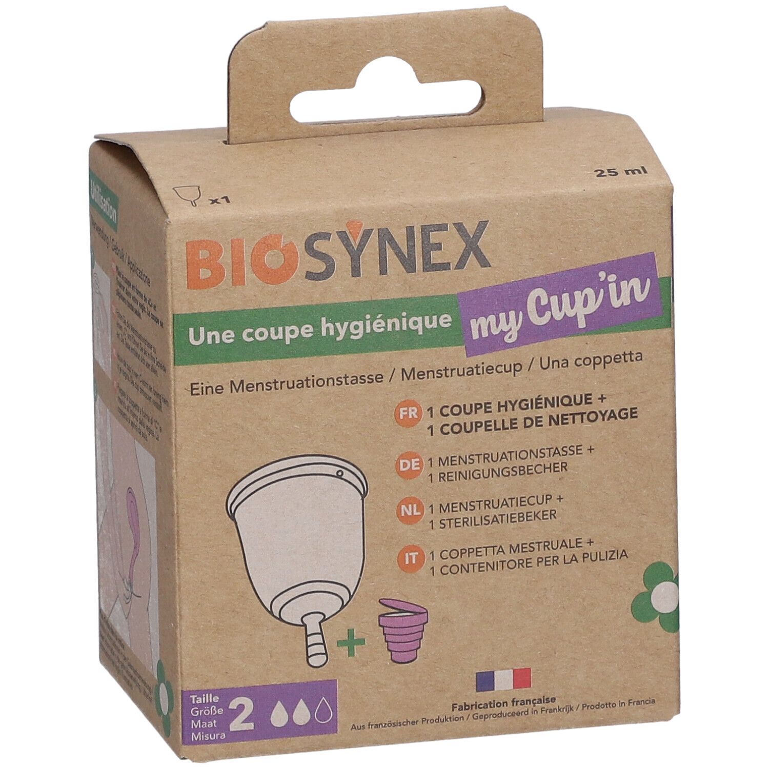 BIOSYNEX® My Cup'in Taille 2. Kartonnen doos met menstruatiecup en reinigingsbeker. Maat 2. Bruine verpakking met productillustratie.