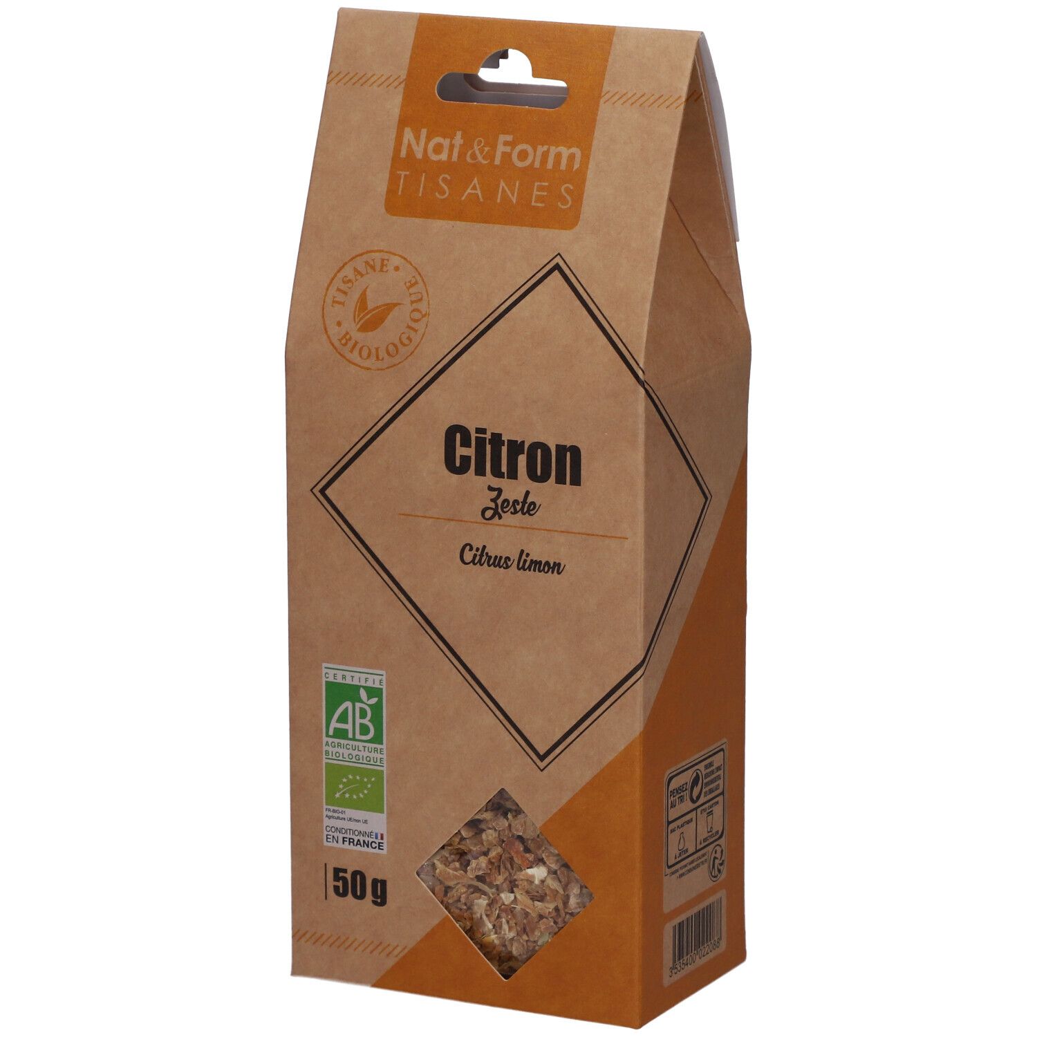 Bruine verpakking met venster. Opschrift: "Citron Zeste", "AB Bio", 50g. Merk: Nat&Form Tisanes.