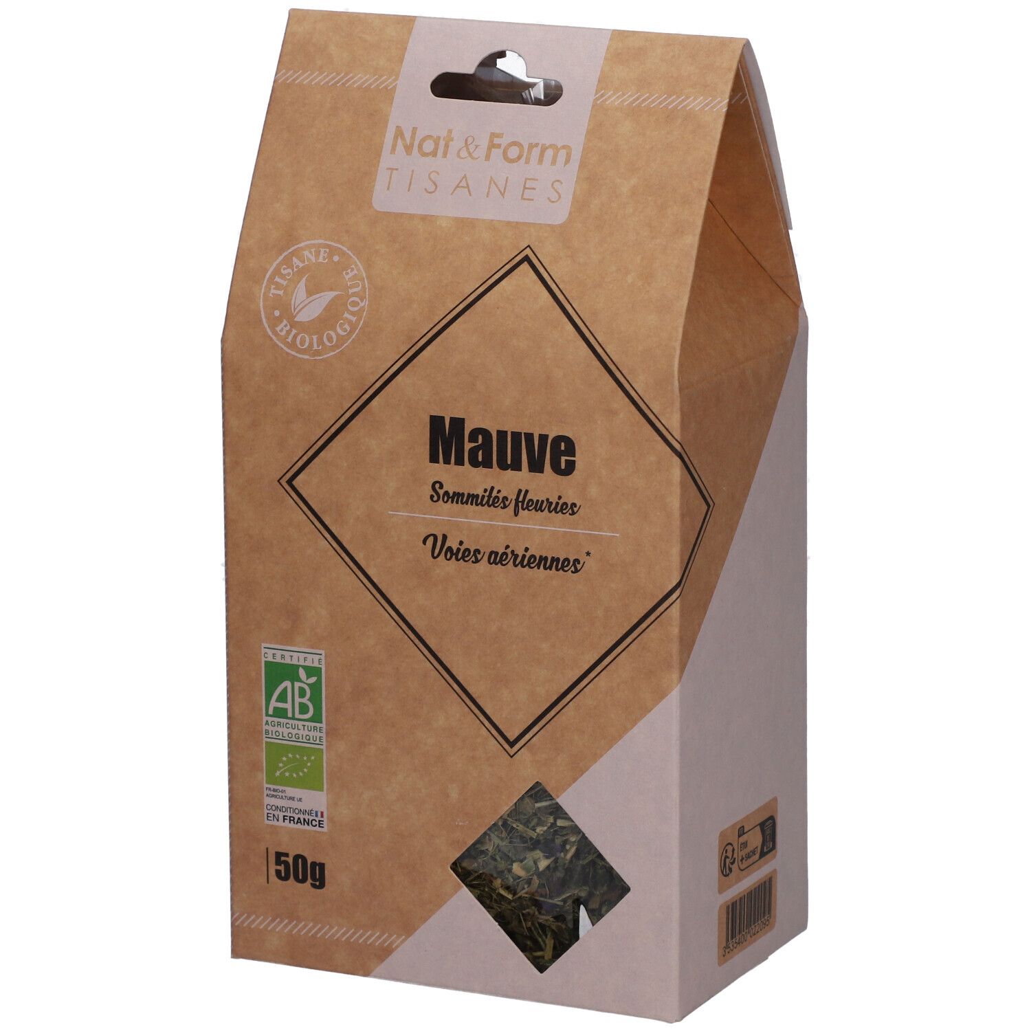 Bruine verpakking met venster. Opschrift: Nat&Form Tisanes, Mauve, 50g, AB-keurmerk. Product zichtbaar door venster.