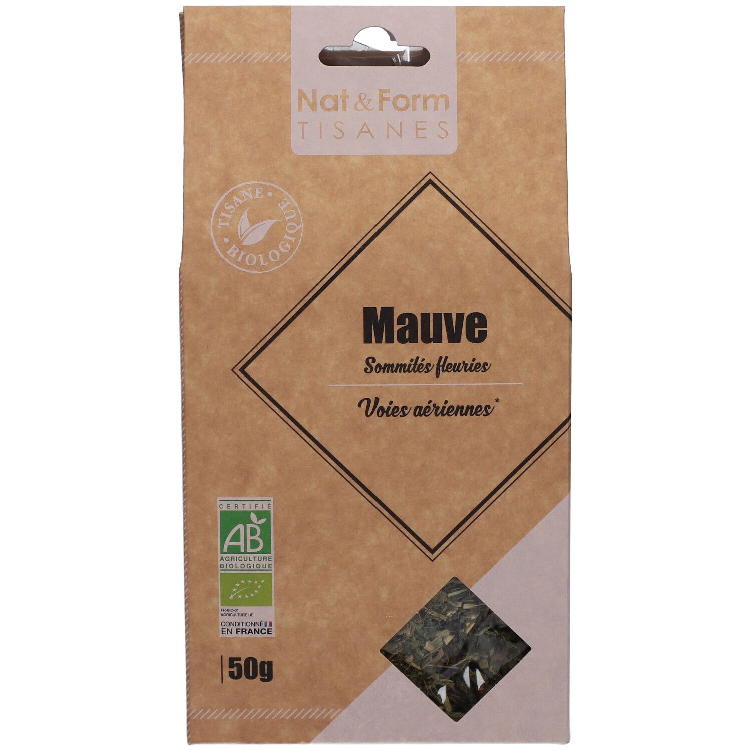 Bruine verpakking met venster. Opschrift: Nat&Form Tisanes, Mauve, 50g, AB-keurmerk. Product zichtbaar door venster.