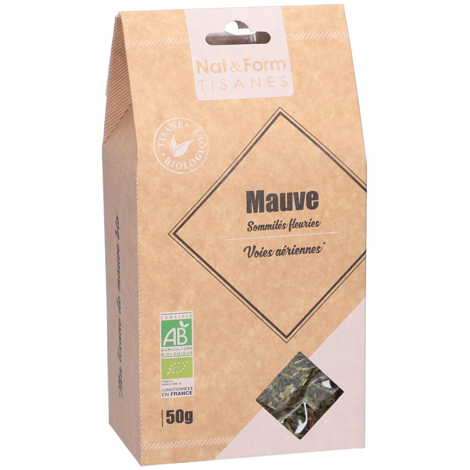 Bruine verpakking met venster. Opschrift: Nat&Form Tisanes, Mauve, 50g, AB-keurmerk. Product zichtbaar door venster.