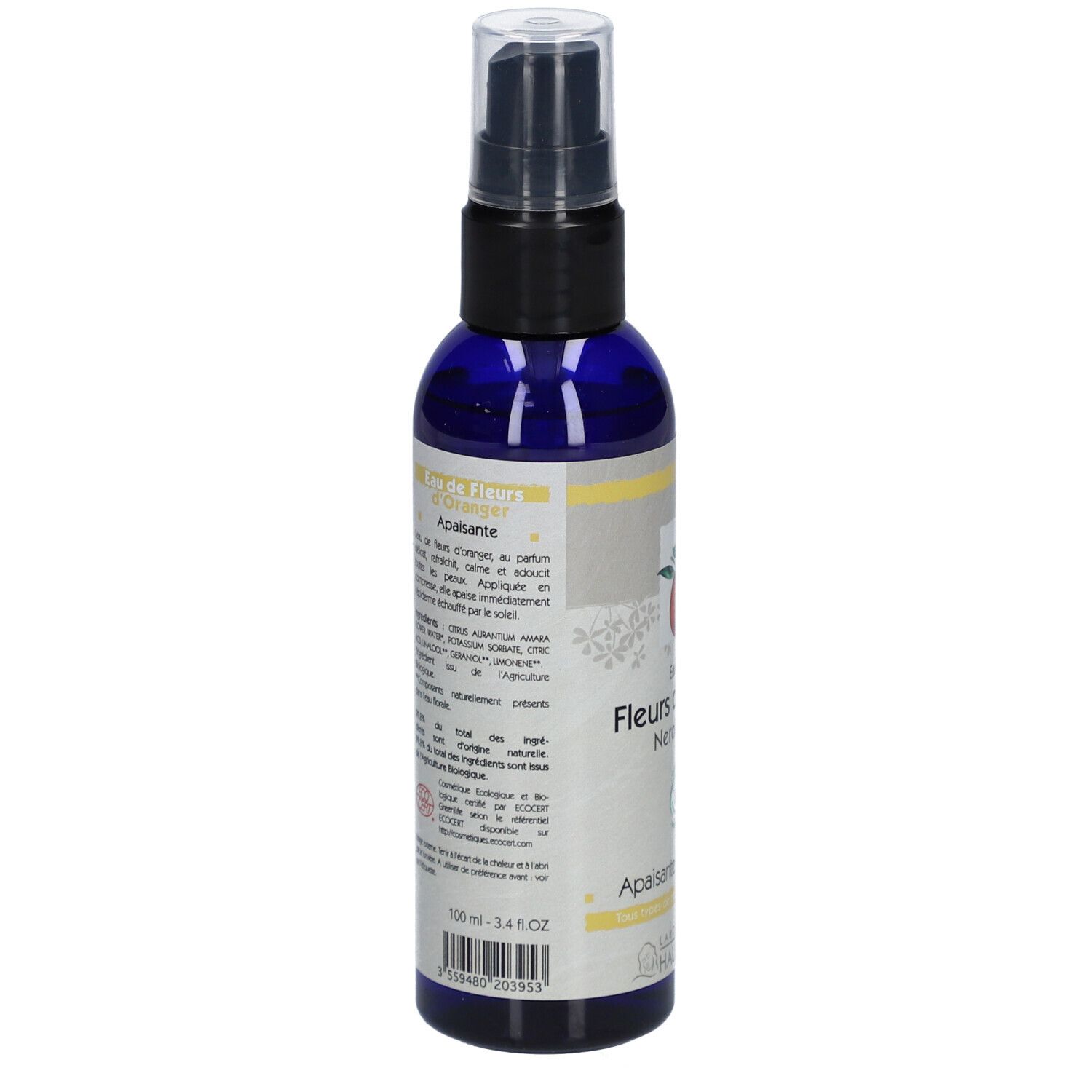 Blauwe fles met verstuiver. Opschrift: Fleurs d'oranger, Neroli water. Bio-certificering.