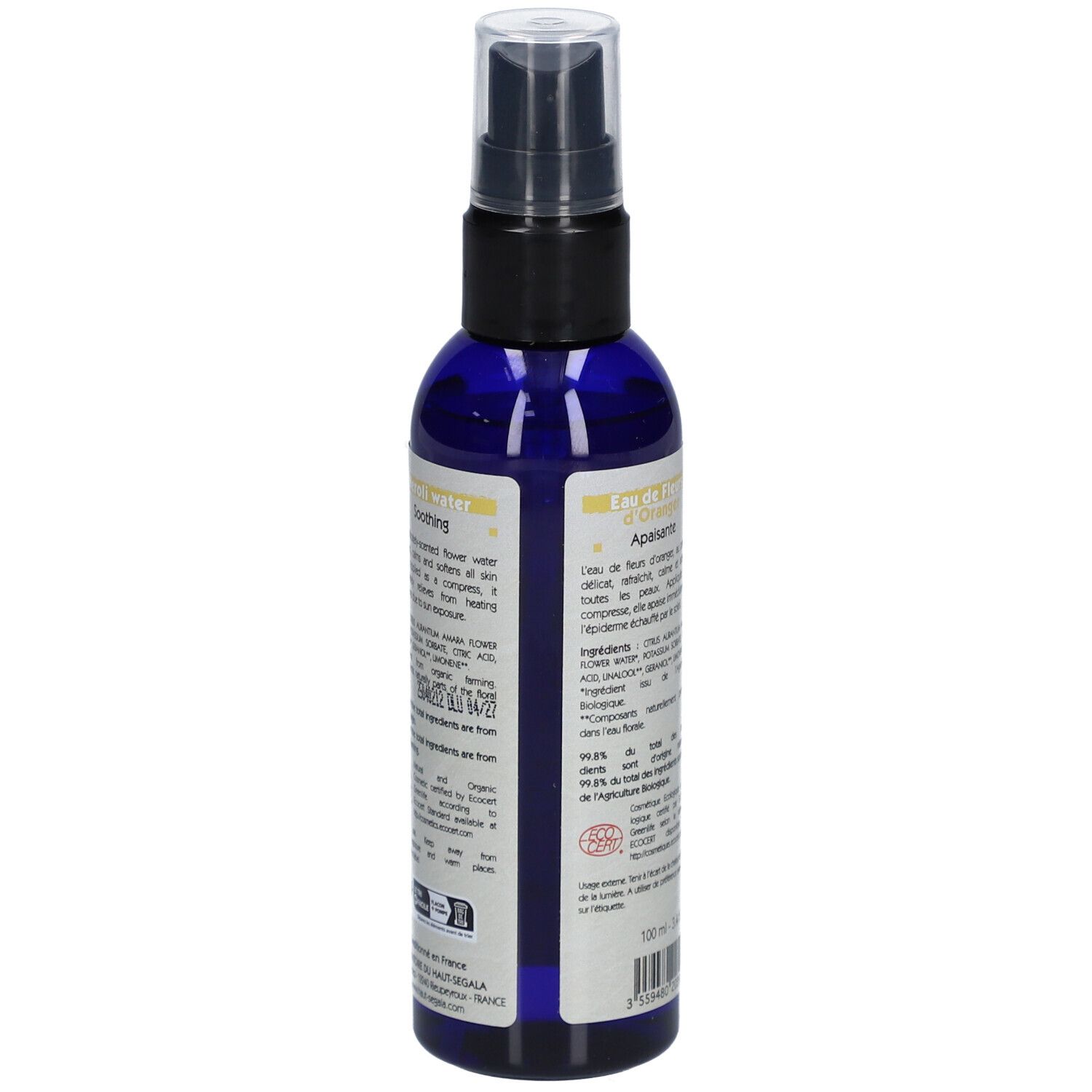 Blauwe fles met verstuiver. Opschrift: Fleurs d'oranger, Neroli water. Bio-certificering.