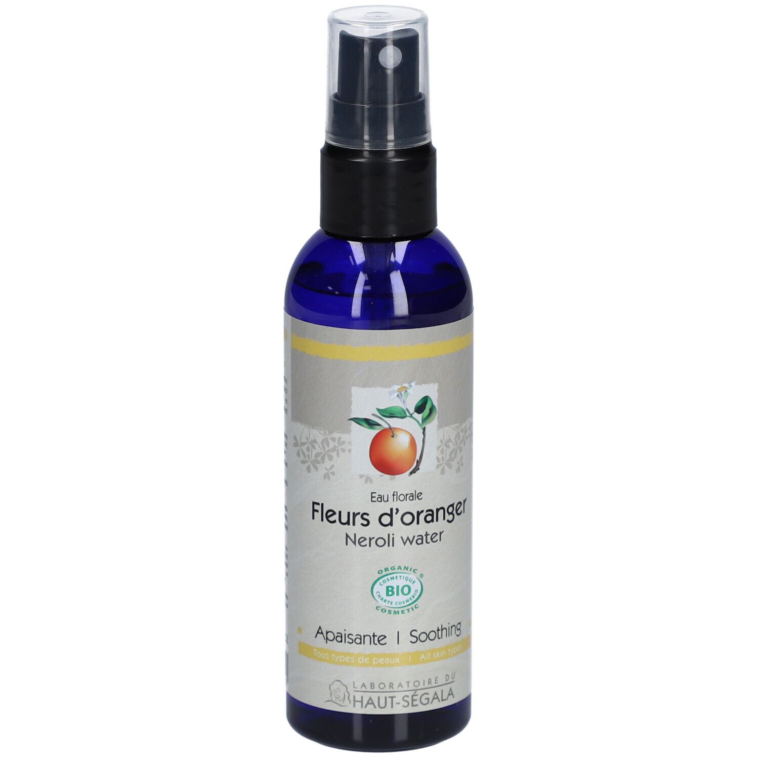 Blauwe fles met verstuiver. Opschrift: Fleurs d'oranger, Neroli water. Bio-certificering.