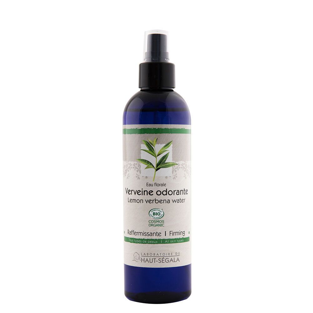 Flacon bleu avec vaporisateur. Inscription: Verveine odorante, Lemon verbena water. Certification bio. Marque: Laboratoire du Haut-Segala.