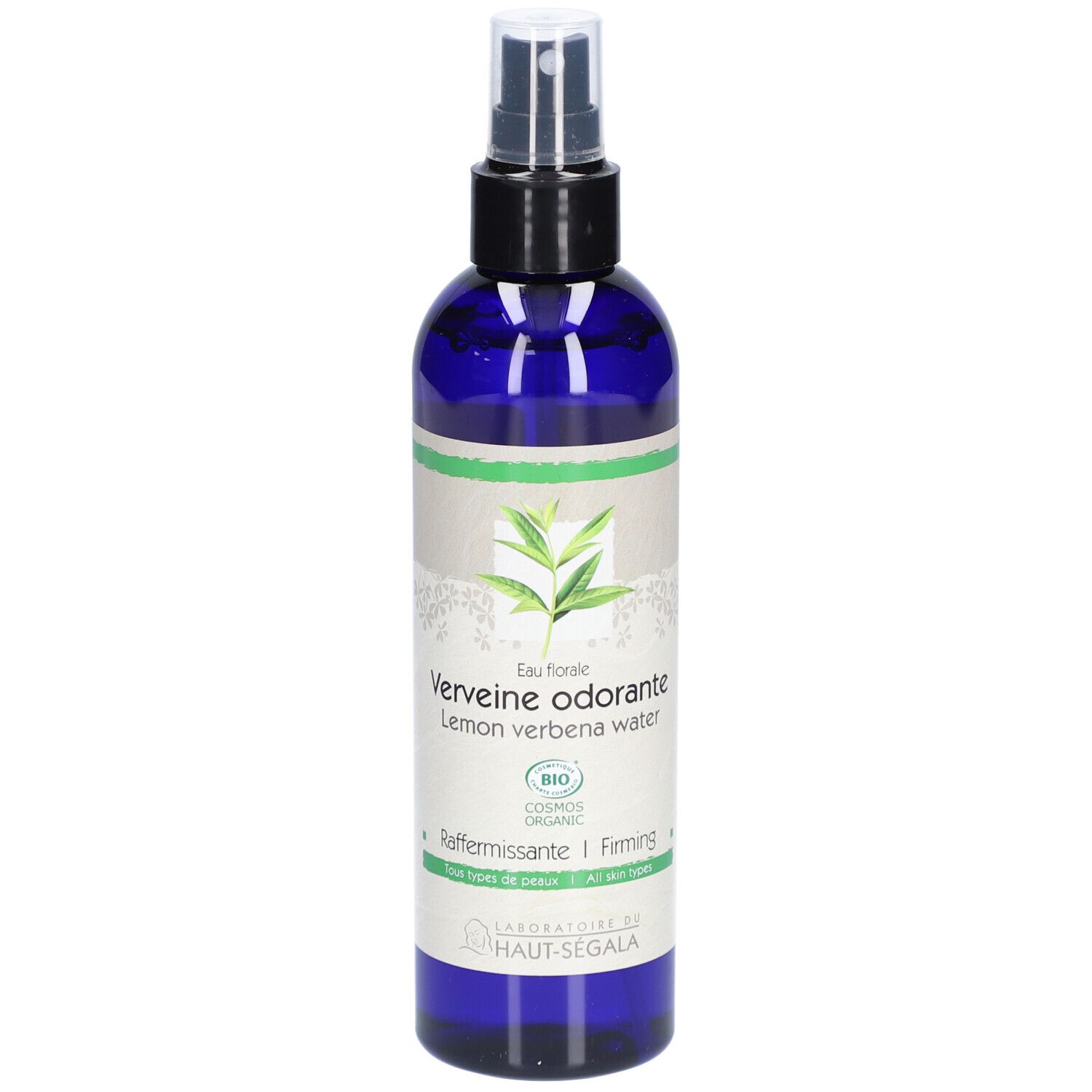 Flacon bleu avec vaporisateur. Inscription: Verveine odorante, Lemon verbena water. Certification bio. Marque: Laboratoire du Haut-Segala.