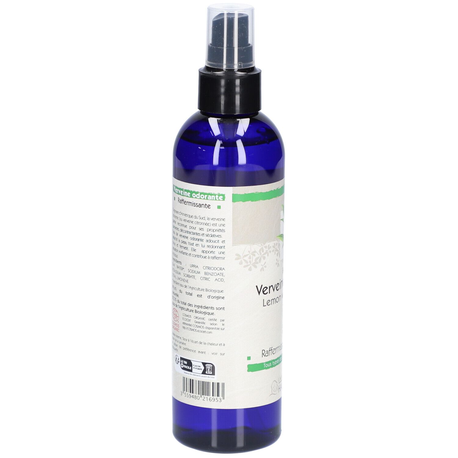 Dos d'un flacon bleu avec vaporisateur. Texte: Verveine odorante, Lemon verbena water. Certification bio. Marque: Laboratoire du Haut-Segala.