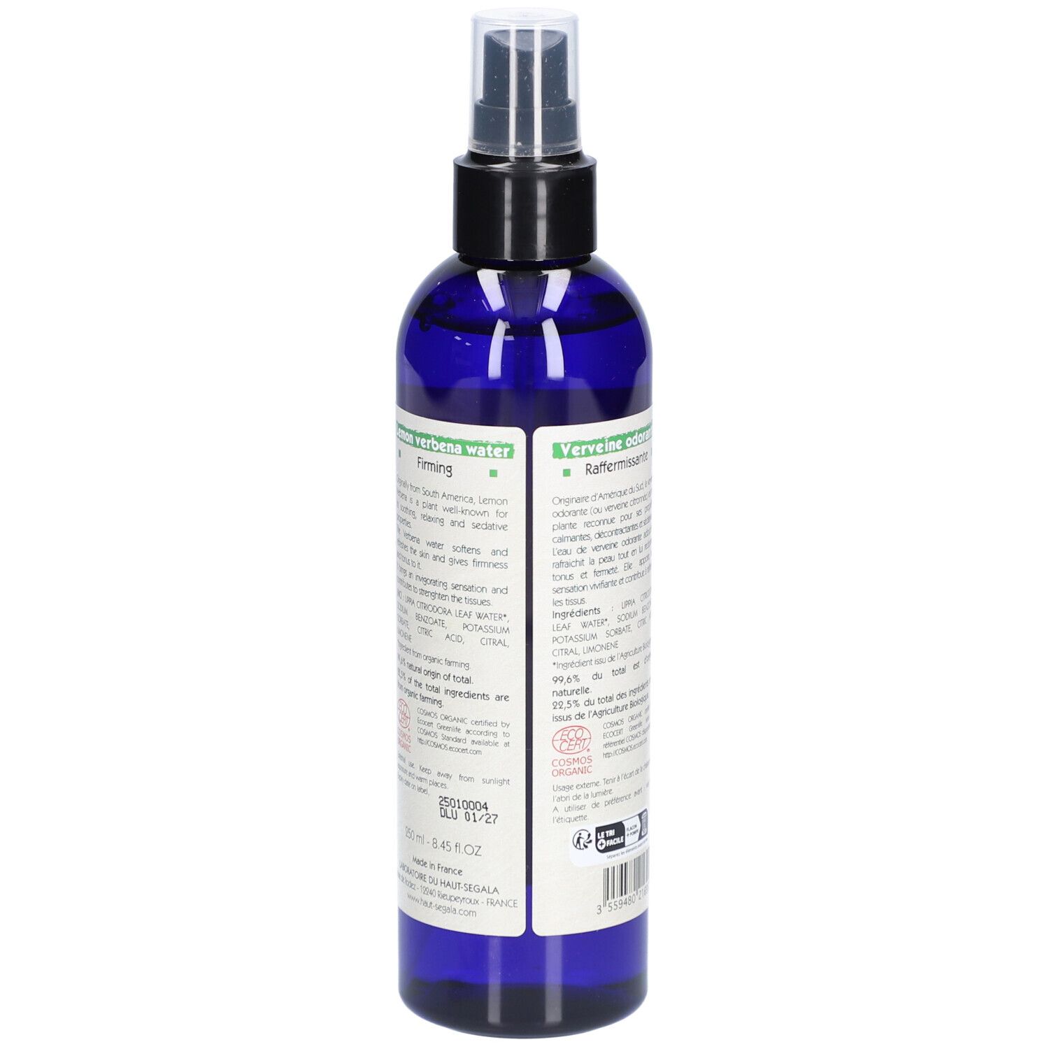 Dos d'un flacon bleu avec vaporisateur. Texte: Verveine odorante, Lemon verbena water. Certification bio. Marque: Laboratoire du Haut-Segala.