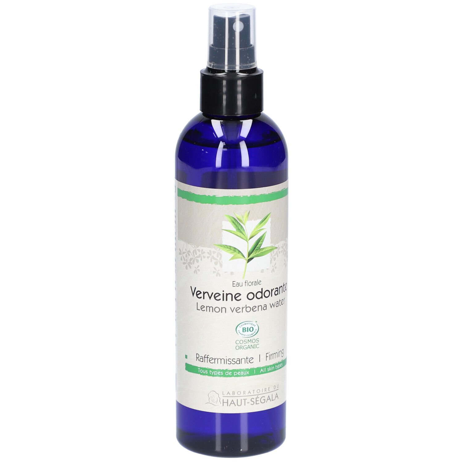 Flacon bleu avec vaporisateur. Inscription: Verveine odorante, Lemon verbena water. Certification bio. Marque: Laboratoire du Haut-Segala.