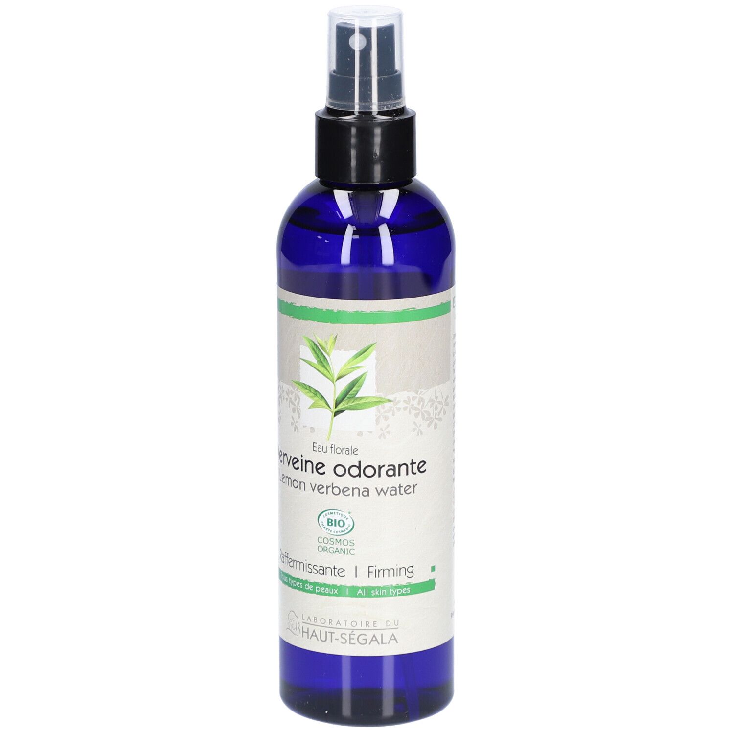 Flacon bleu avec vaporisateur. Inscription: Verveine odorante, Lemon verbena water. Certification bio. Marque: Laboratoire du Haut-Segala.