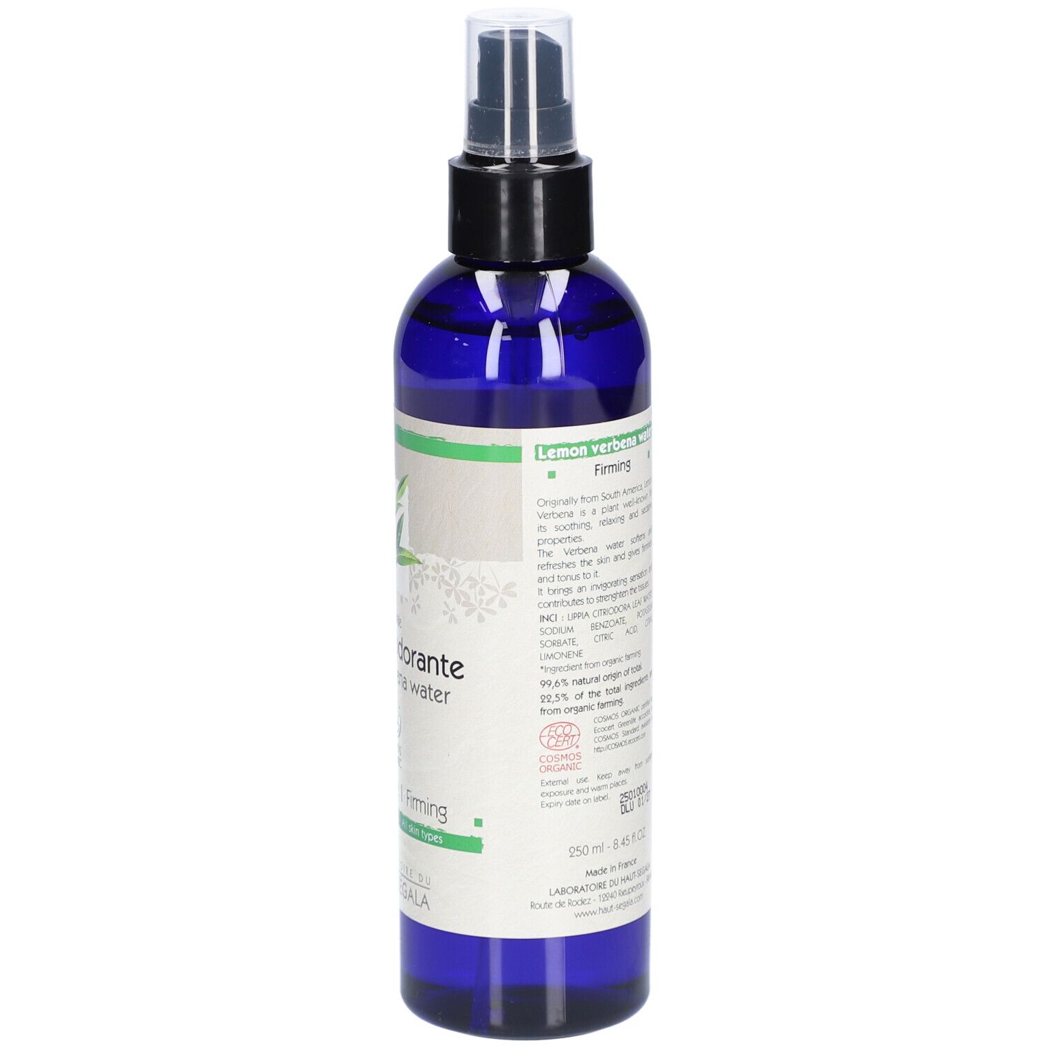Dos d'un flacon bleu avec vaporisateur. Texte: Verveine odorante, Lemon verbena water. Certification bio. Marque: Laboratoire du Haut-Segala.