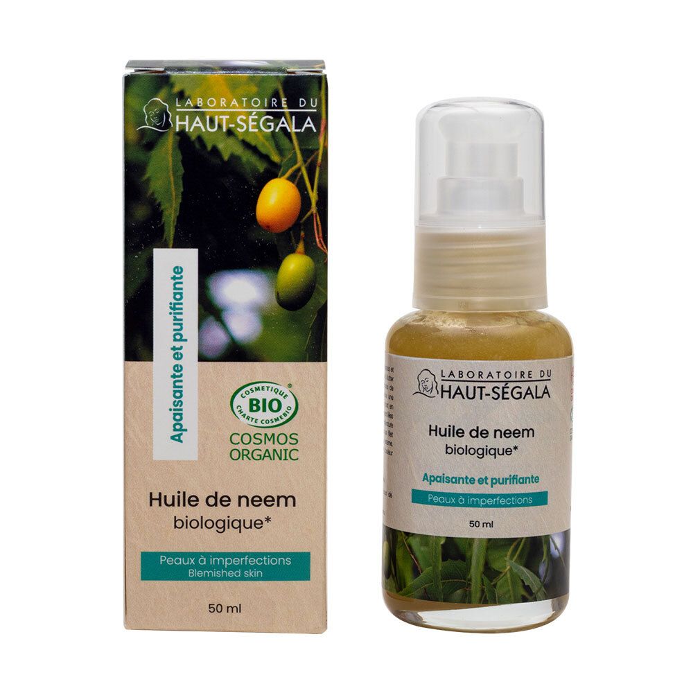Doos en flesje olie. Opschrift: Huile de neem biologique. Bio-certificering. 50 ml.
