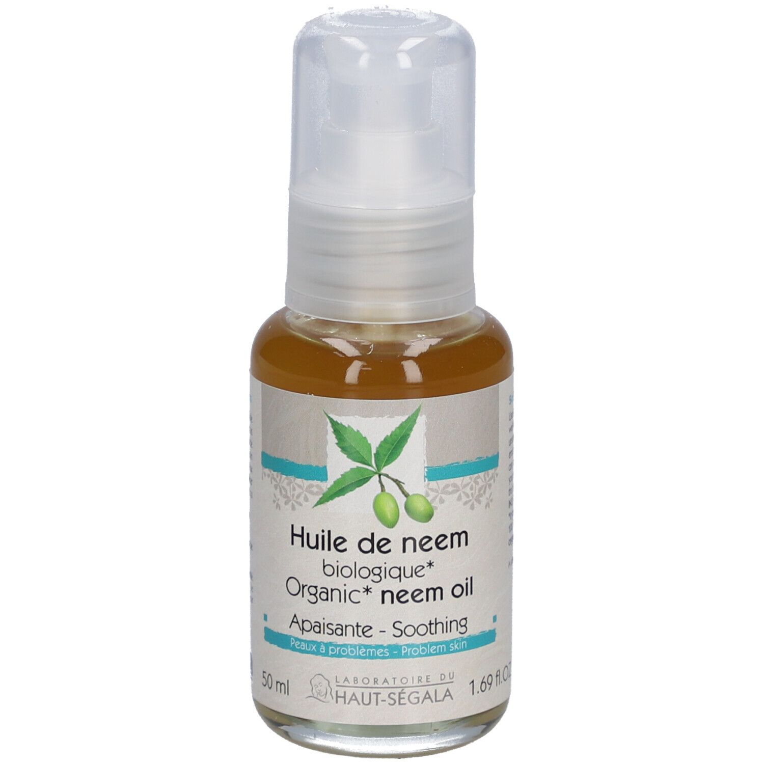 Flesje olie. Opschrift: Huile de neem biologique. Bio-certificering. 50 ml. Met dispenser.