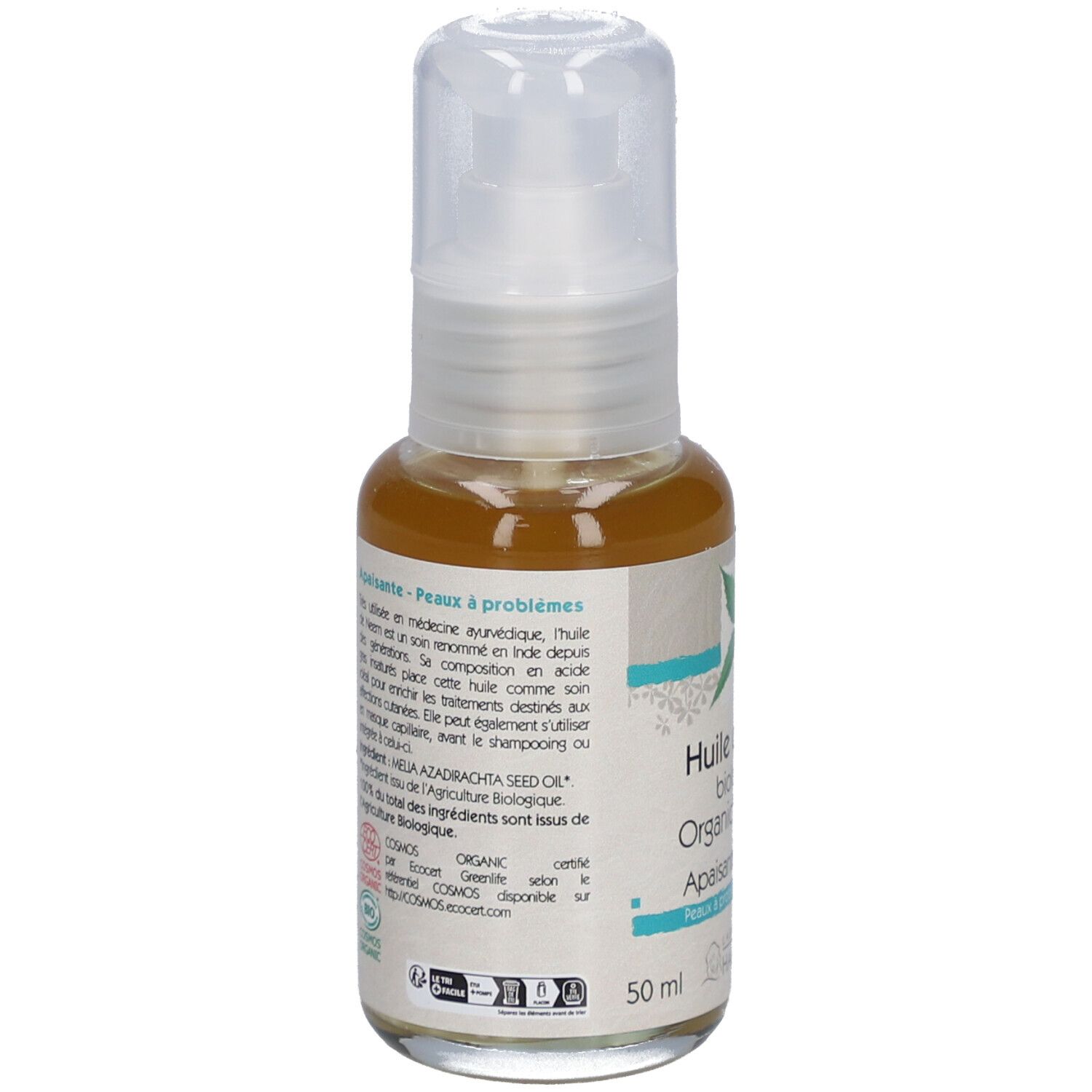 Achterkant van de oliefles. Tekst: Huile de neem biologique. Ingrediënten, certificeringen, 50 ml.