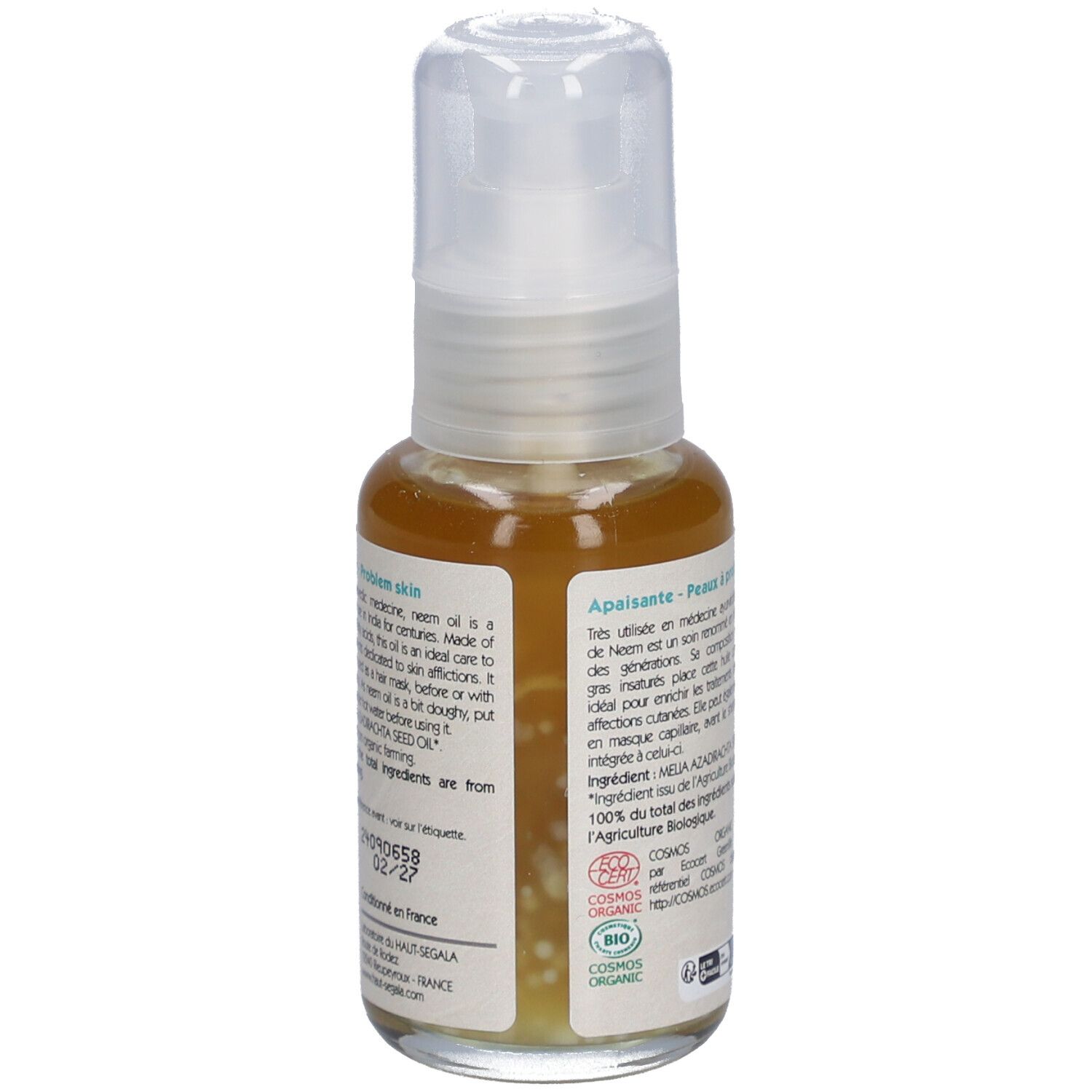 Achterkant van de oliefles. Tekst: Huile de neem biologique. Ingrediënten, certificeringen, 50 ml.