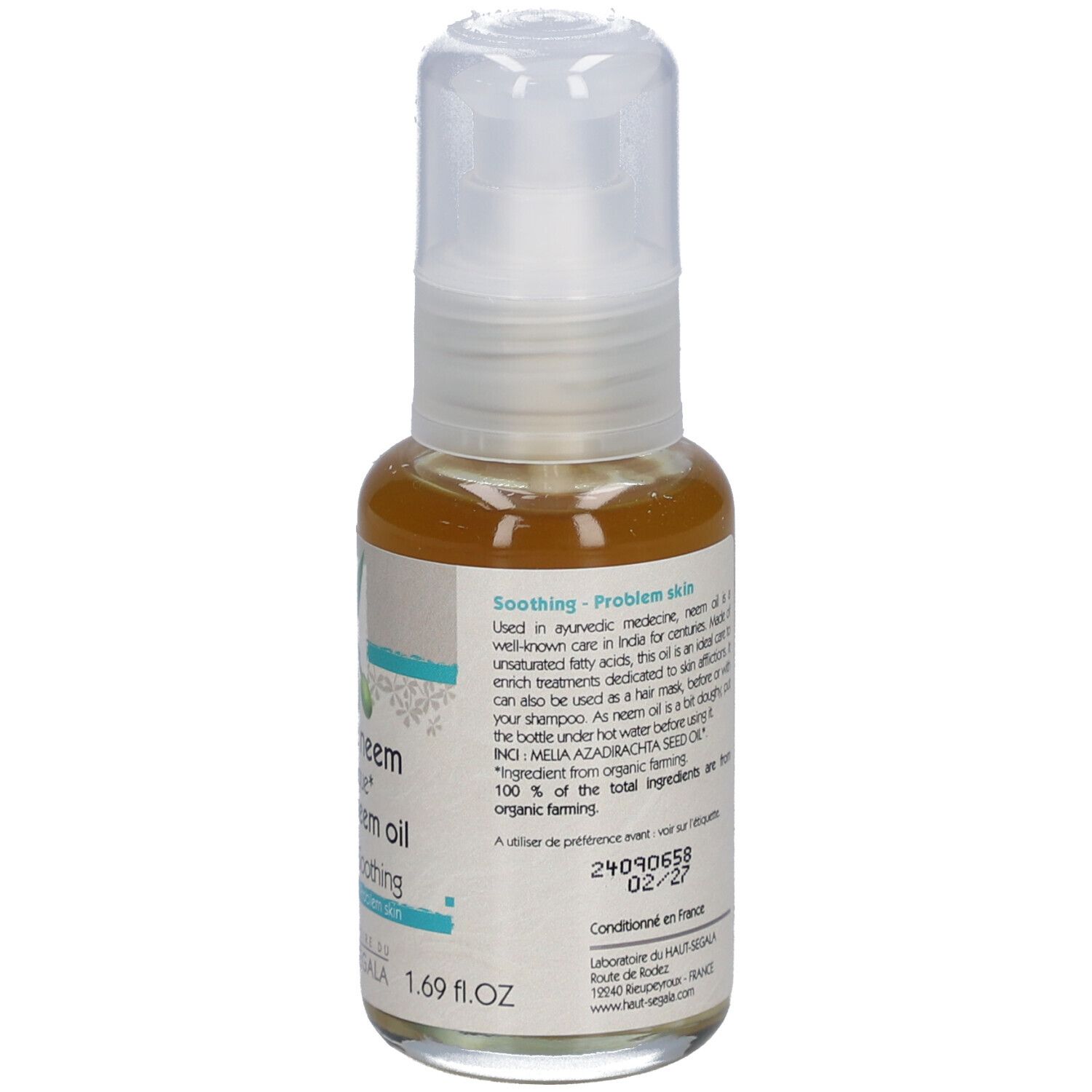 Achterkant van de oliefles. Tekst: Huile de neem biologique. Ingrediënten, certificeringen, 50 ml.