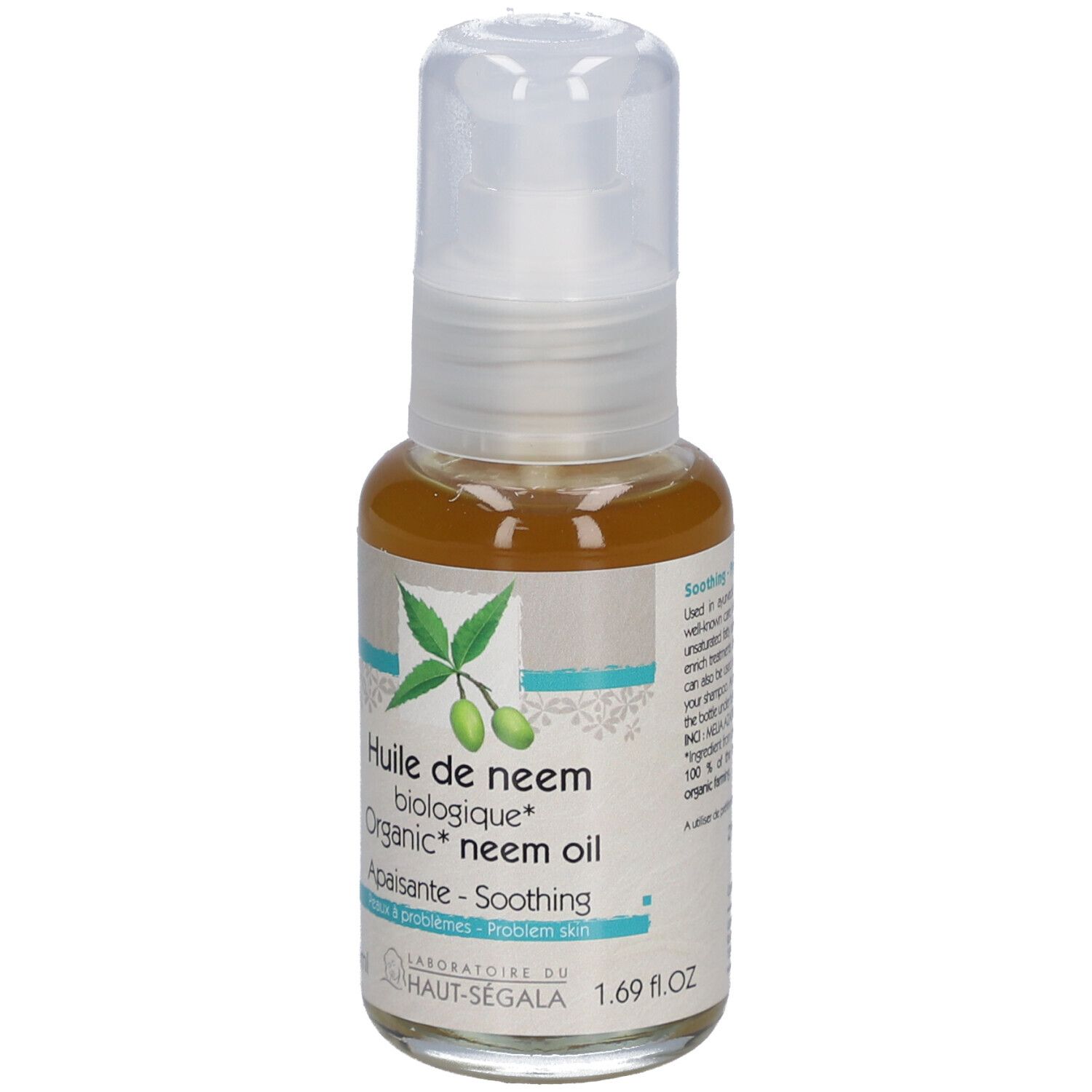 Flesje olie. Opschrift: Huile de neem biologique. Bio-certificering. 1.69 fl.oz. Met dispenser.