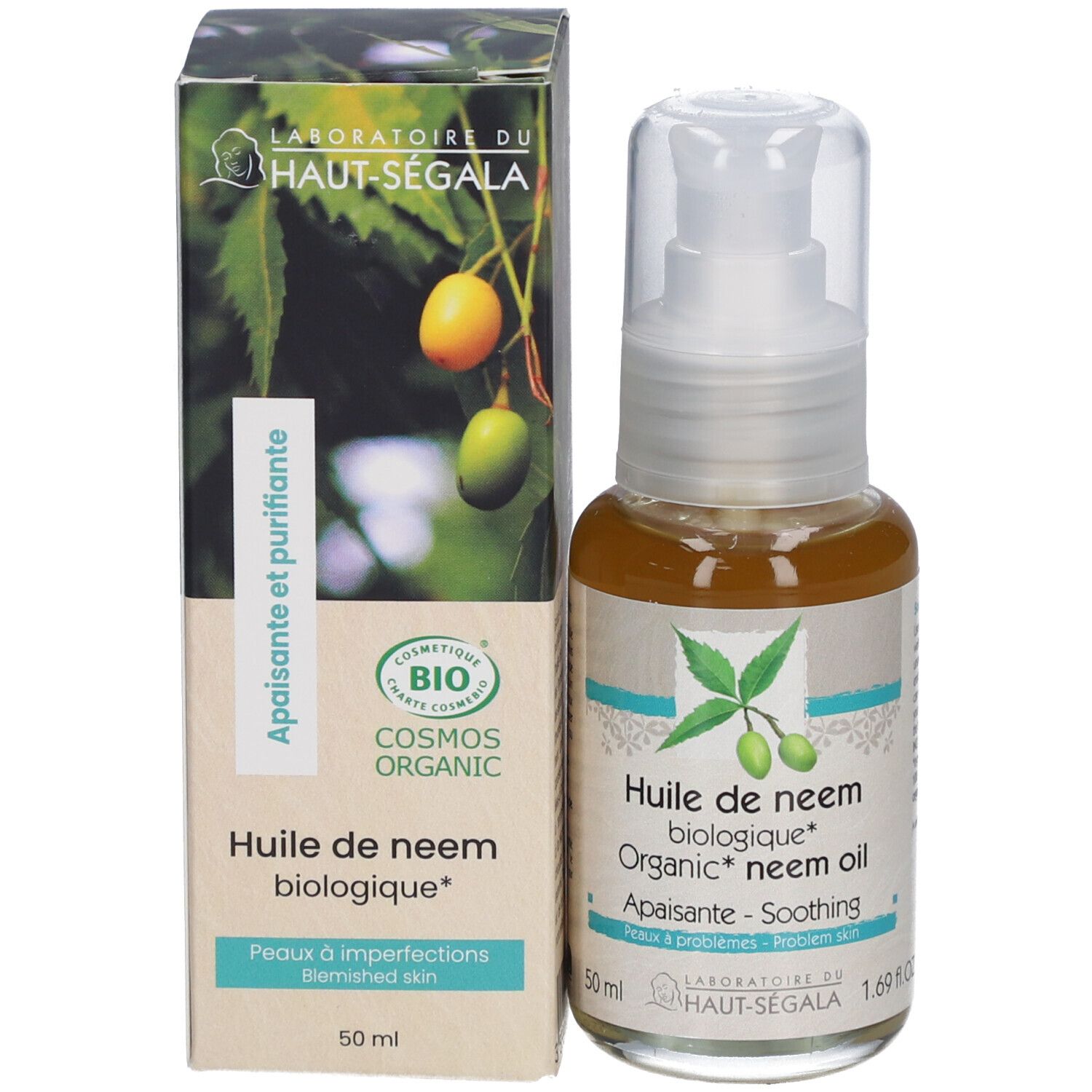Doos en flesje olie. Opschrift: Huile de neem biologique. Bio-certificering. 50 ml.