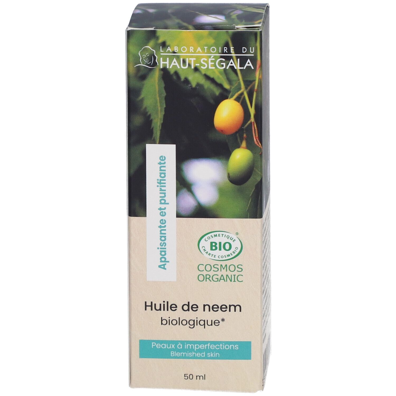 Doos met opschrift: Huile de neem biologique. Bio-certificering. 50 ml.