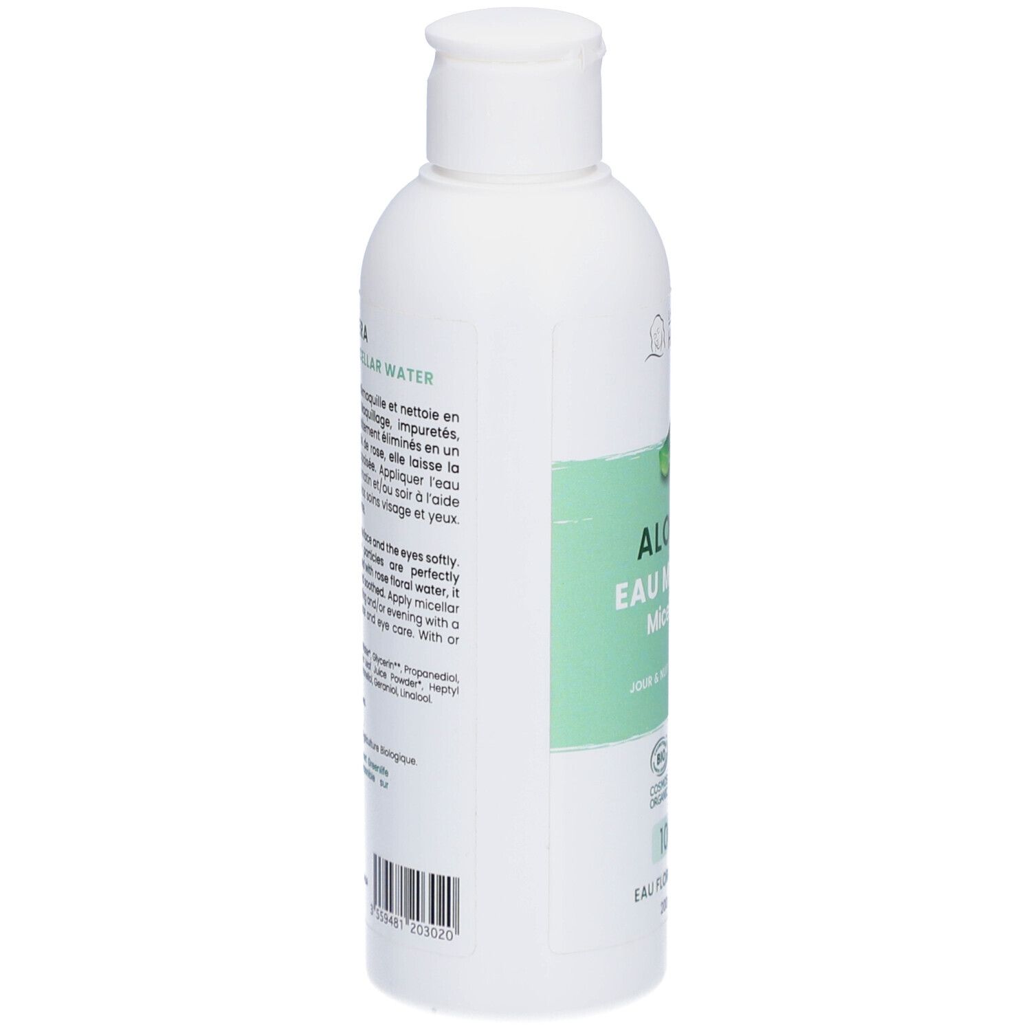 Witte fles, zijaanzicht. Tekst en barcode. Etiket met productinformatie. Certificeringen.