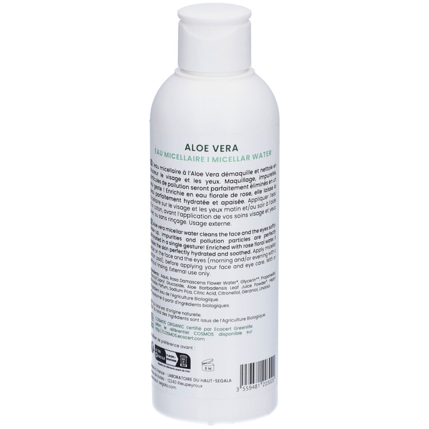 Witte fles, achteraanzicht. Tekst met productinformatie. Certificeringen en barcode.