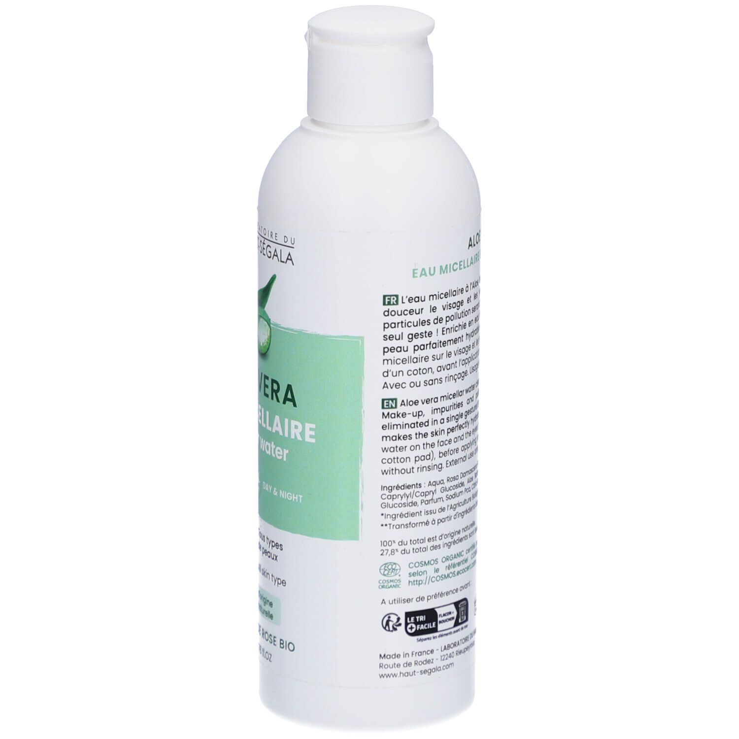 Witte fles, achteraanzicht. Tekst met productinformatie. Certificeringen en barcode.