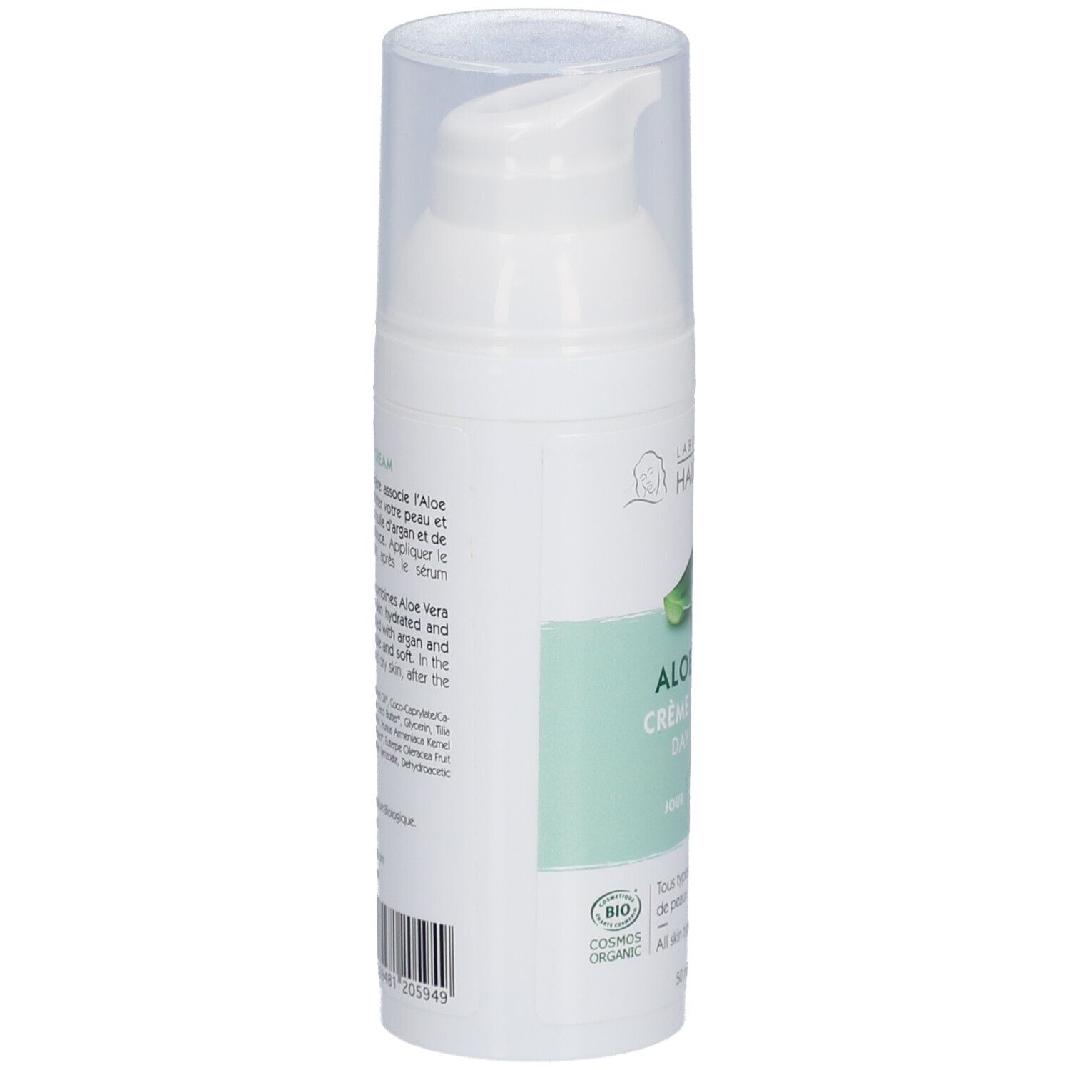 Zijaanzicht van een witte fles met Aloe Vera dagcrème. Opschrift: Laboratoire du Haut-Ségala, Aloe Vera Crème de Jour Bio. Met dop.