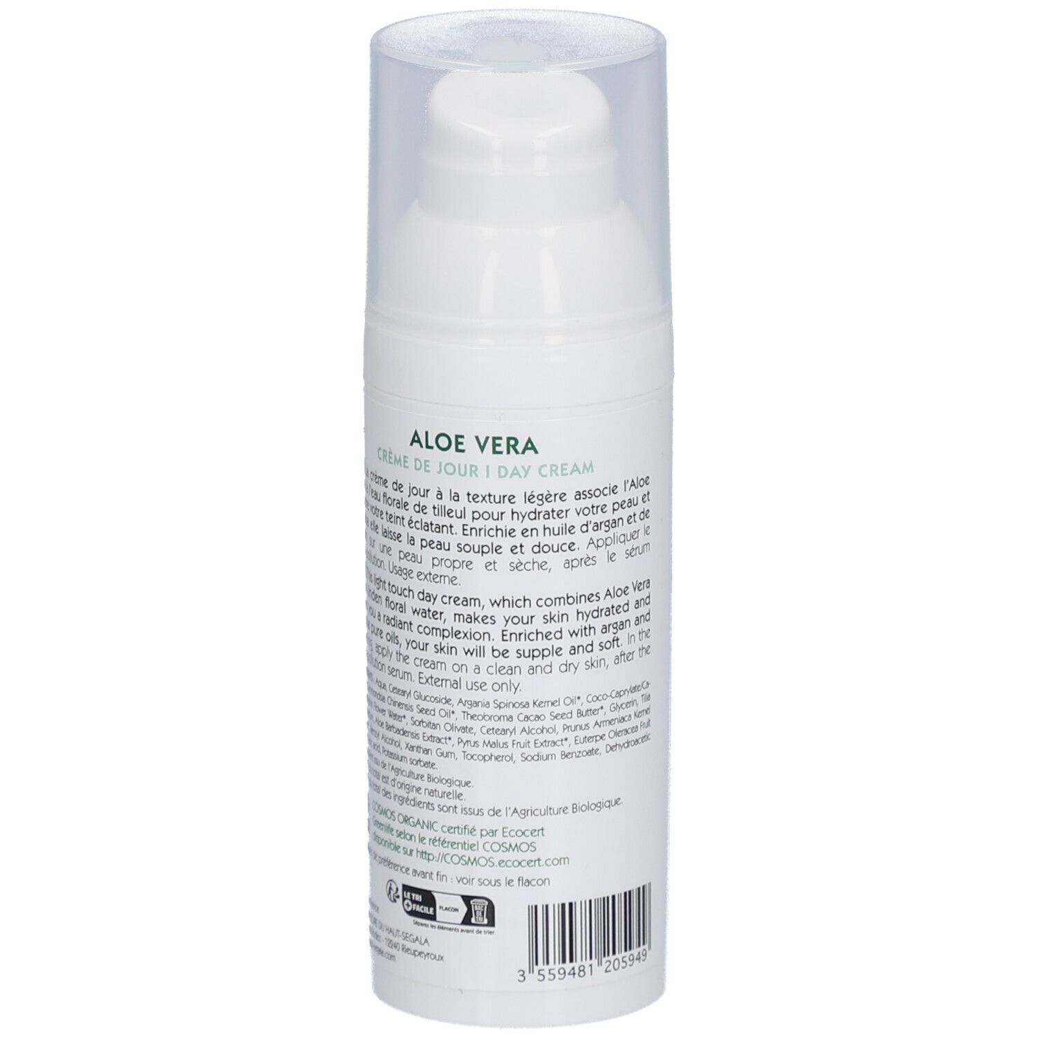 Achterkant van een witte fles met Aloe Vera dagcrème. Tekst: ingrediënten, gebruik. Label: ECOCERT COSMOS ORGANIC.