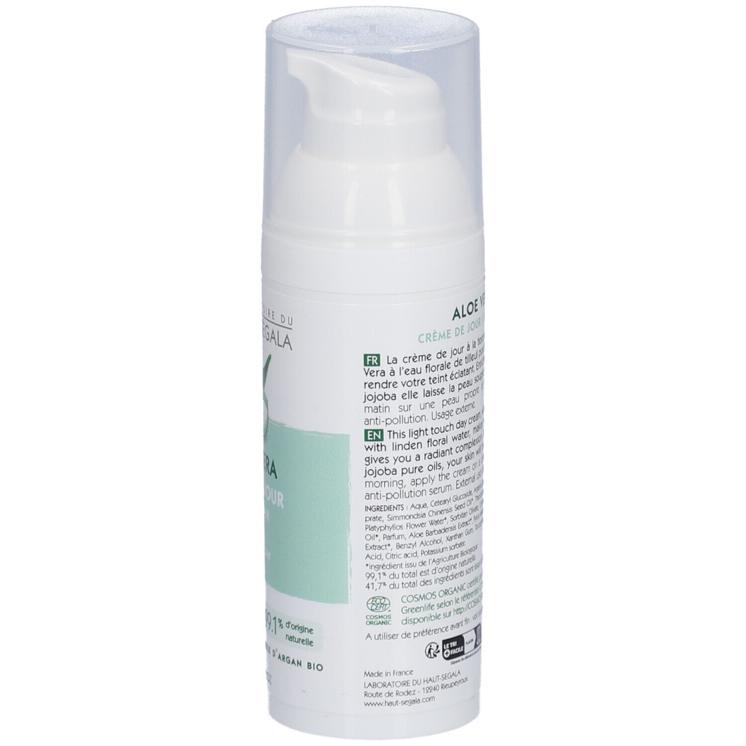 Zijaanzicht van een witte fles met Aloe Vera dagcrème. Opschrift: Laboratoire du Haut-Ségala, Aloe Vera Crème de Jour Bio. Met dop.