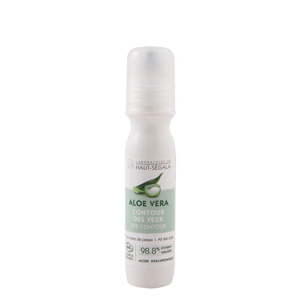 Witte fles met roll-on applicator. Opschrift: Aloe Vera Contour des Yeux. Label met logo en tekst.