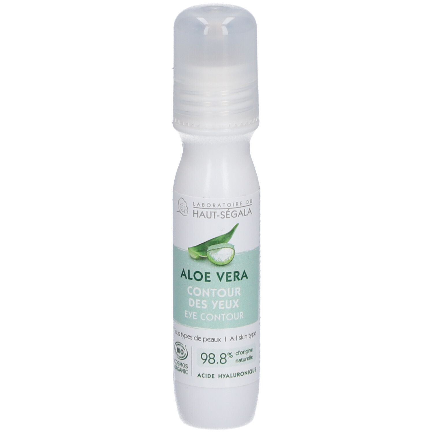 Witte fles met roll-on applicator. Opschrift: Aloe Vera Contour des Yeux. Label met logo en tekst.