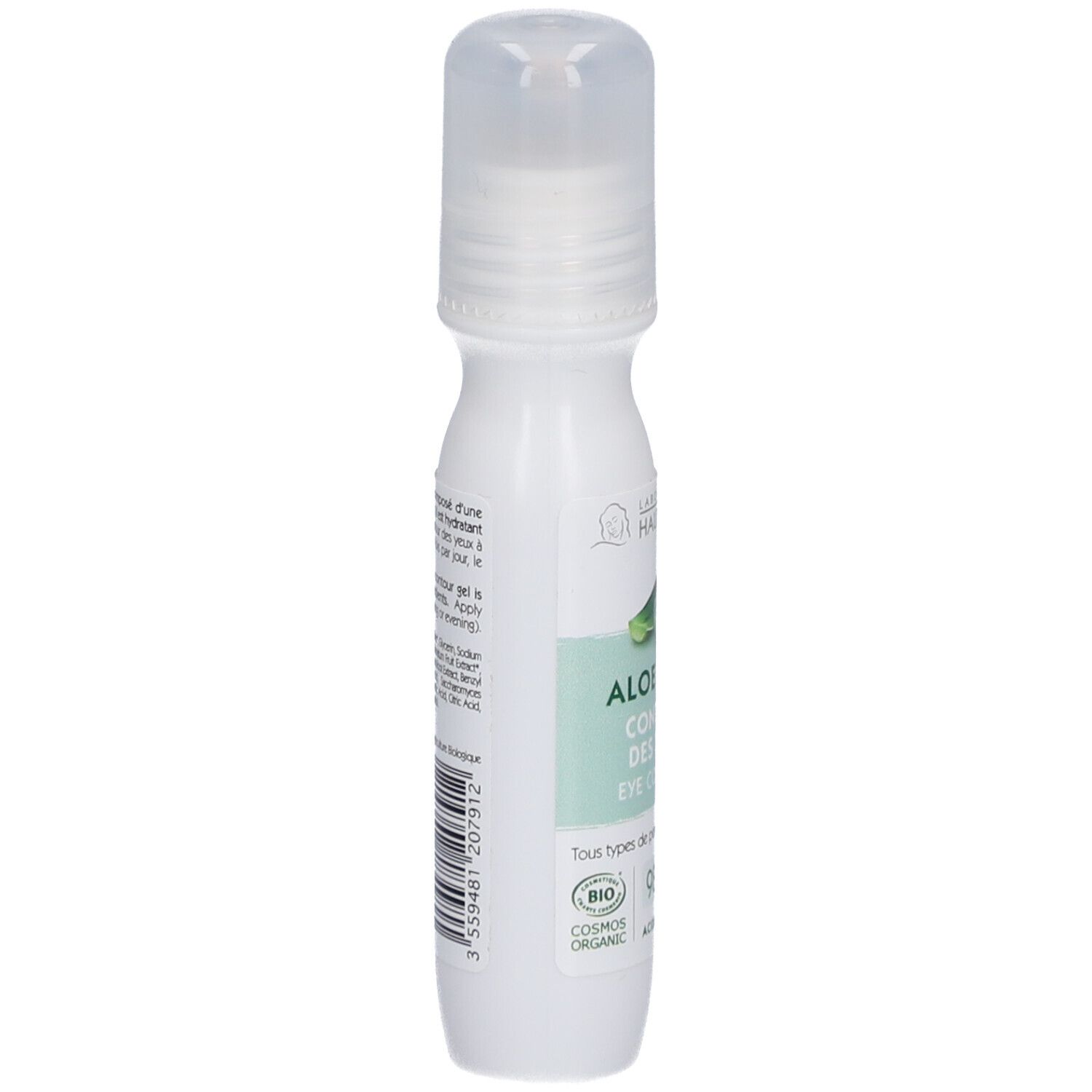 Witte fles met roll-on applicator. Opschrift: Aloe Vera Contour des Yeux. Label met logo en tekst.