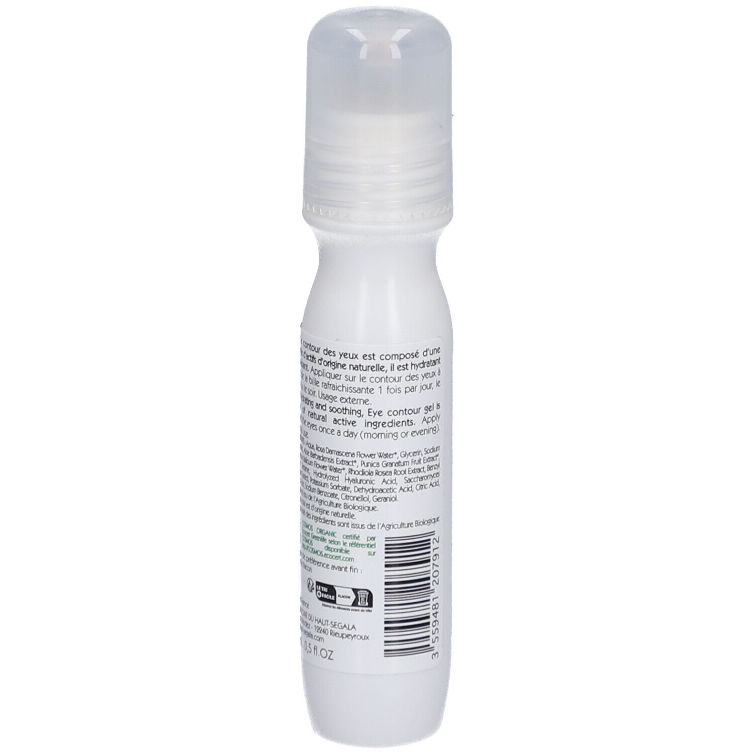 Witte fles met roll-on applicator. Opschrift: Aloe Vera Contour des Yeux. Label met logo en tekst.