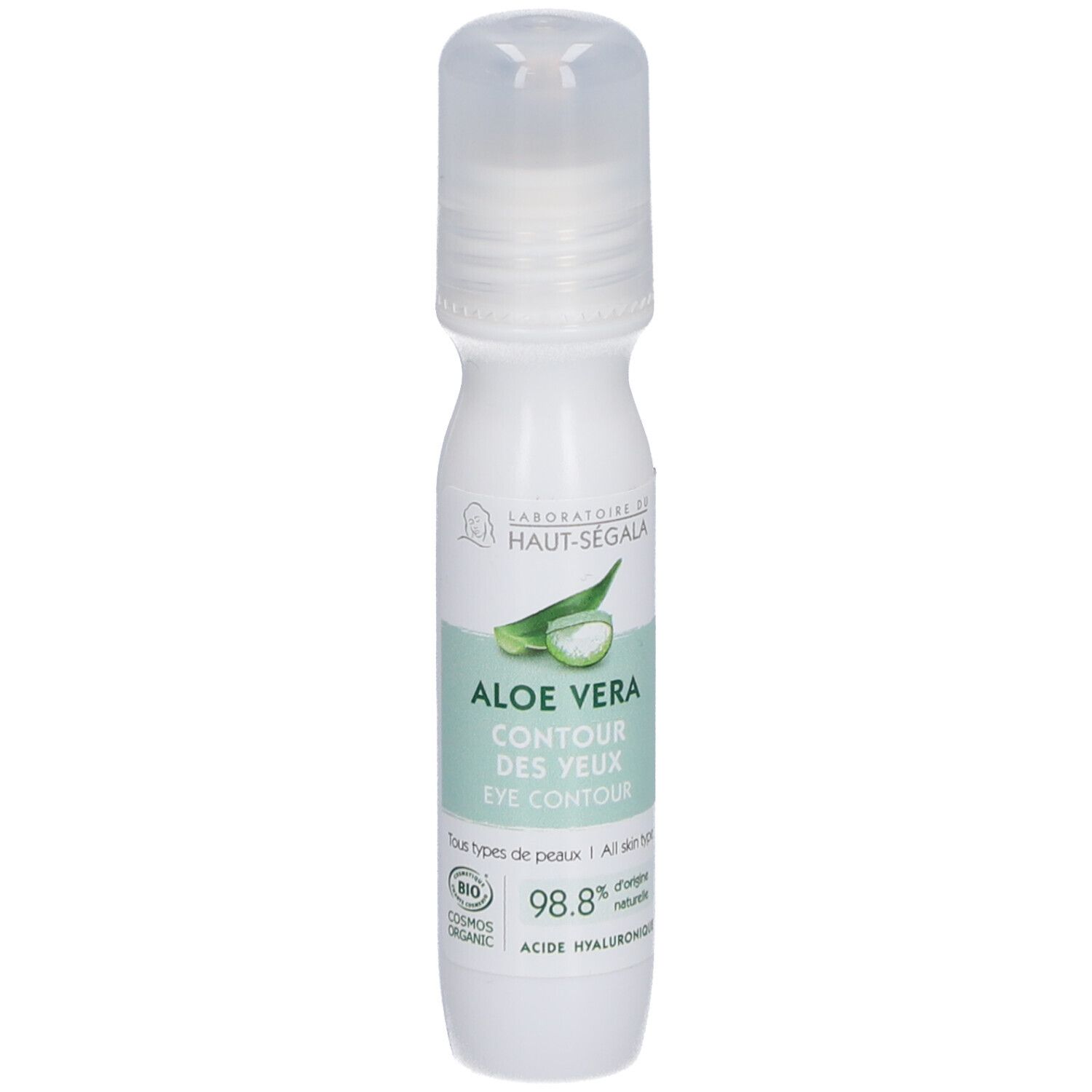 Witte fles met roll-on applicator. Opschrift: Aloe Vera Contour des Yeux. Label met logo en tekst.