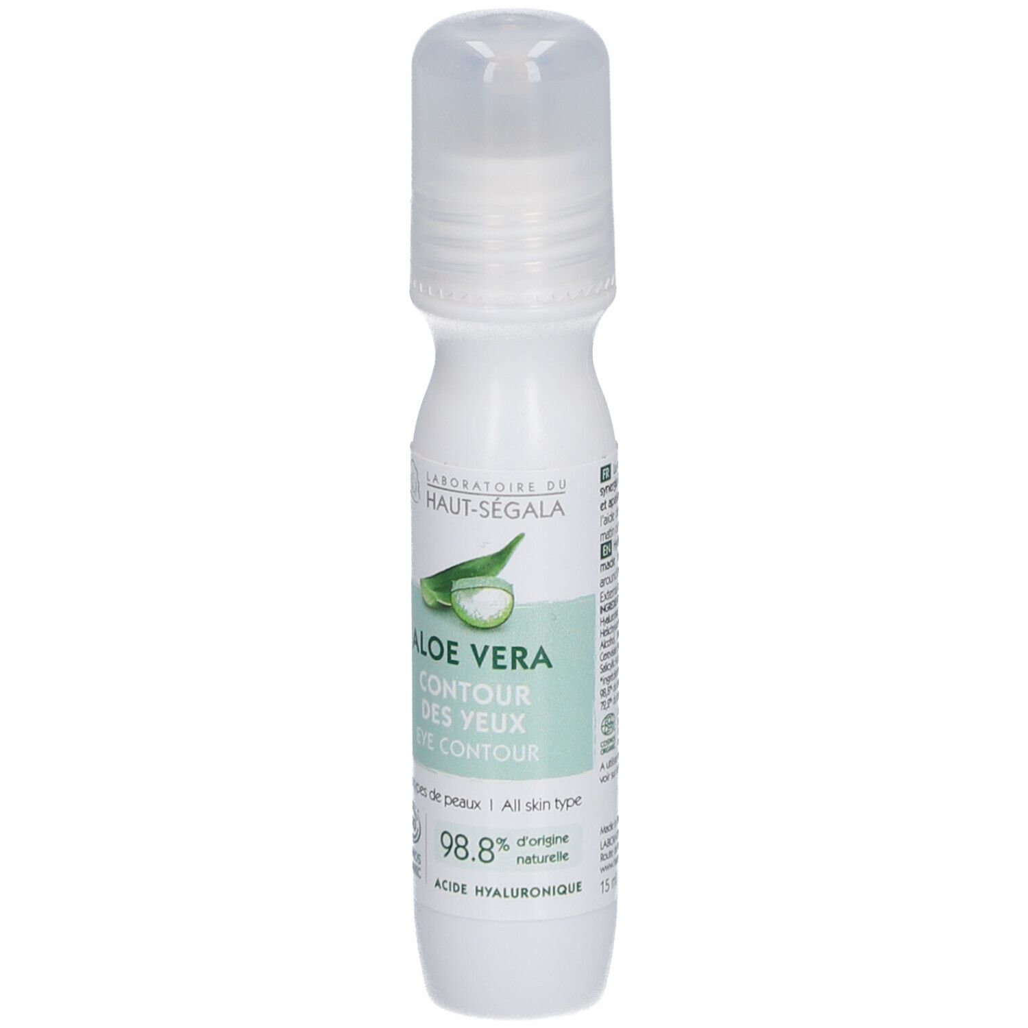 Witte fles met roll-on applicator. Opschrift: Aloe Vera Contour des Yeux. Label met logo en tekst.