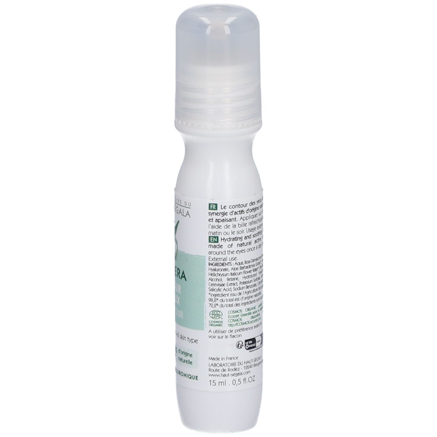 Witte fles met roll-on applicator. Opschrift: Aloe Vera Contour des Yeux. Label met logo en tekst.