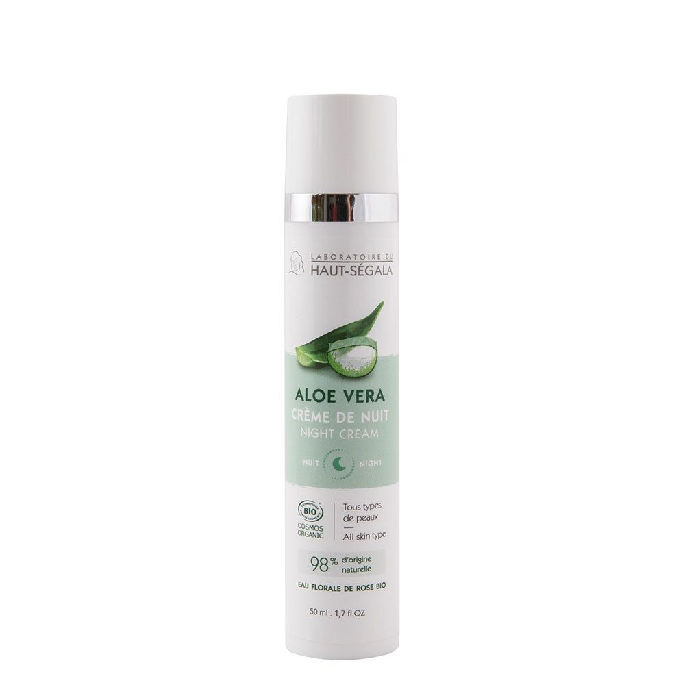 Flacon de crème Aloe Vera. Inscription: Laboratoire du Haut-Ségala, Crème de nuit bio. Certification bio. 98% d'ingrédients naturels.