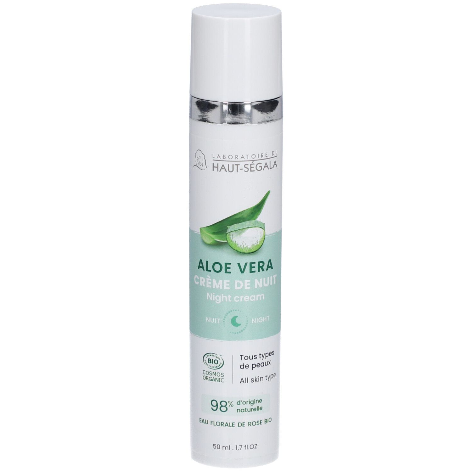 Flacon de crème Aloe Vera. Inscription: Laboratoire du Haut-Ségala, Crème de nuit bio. Certification bio. 98% d'ingrédients naturels.