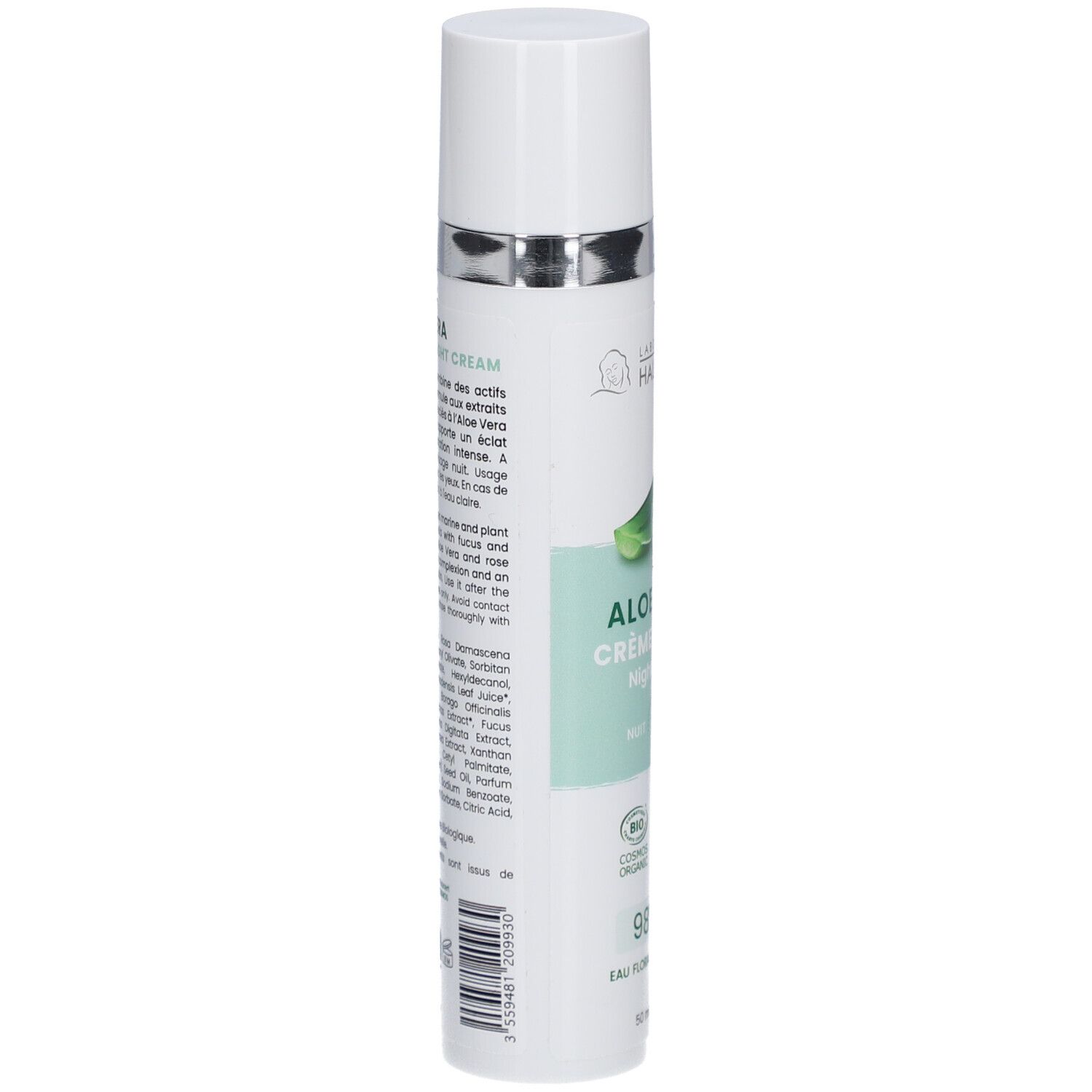 Flacon de crème Aloe Vera. Inscription: Laboratoire du Haut-Ségala, Crème de nuit bio. Certification bio. 98% d'ingrédients naturels.
