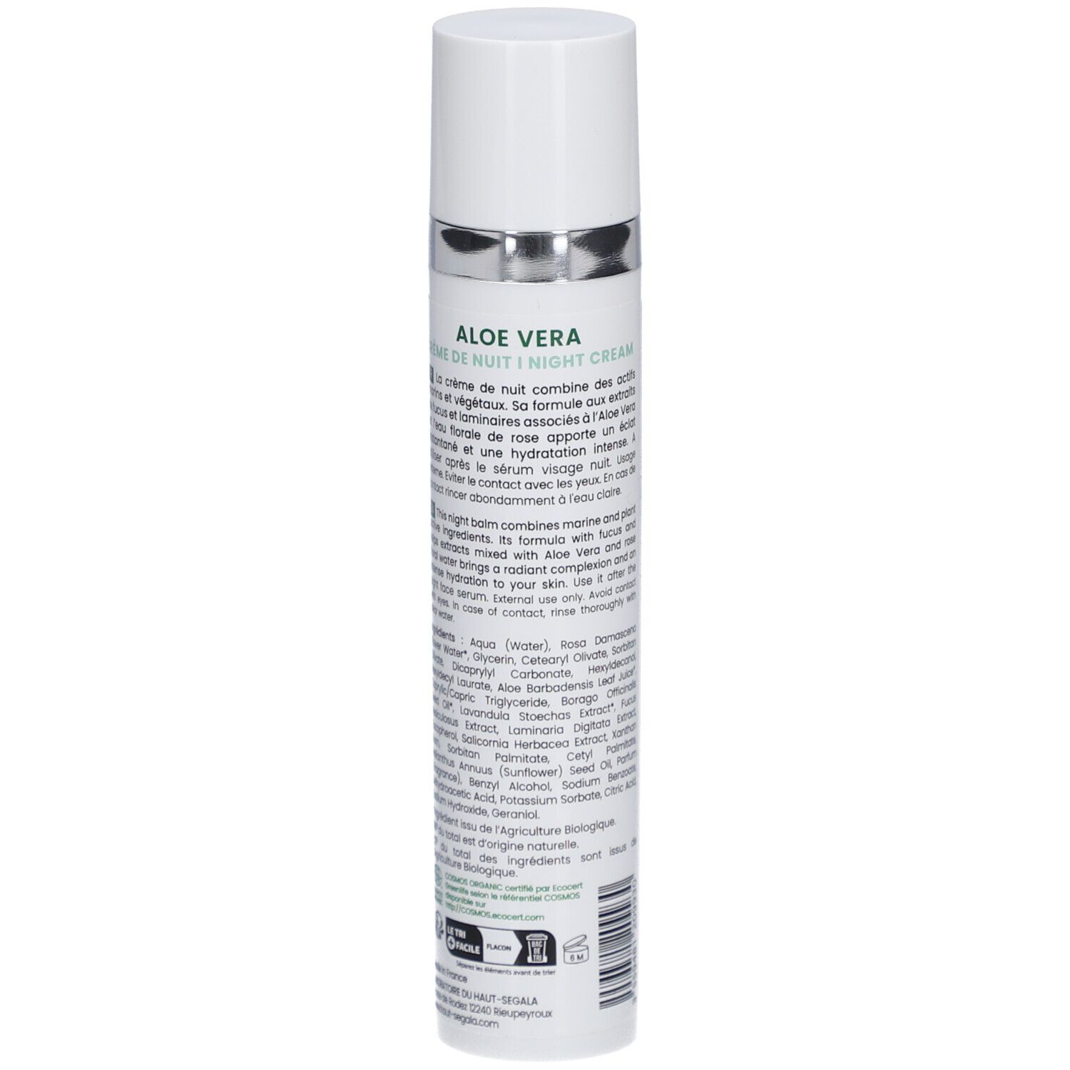 Flacon de crème Aloe Vera. Inscription: Laboratoire du Haut-Ségala, Crème de nuit bio. Certification bio. 98% d'ingrédients naturels.