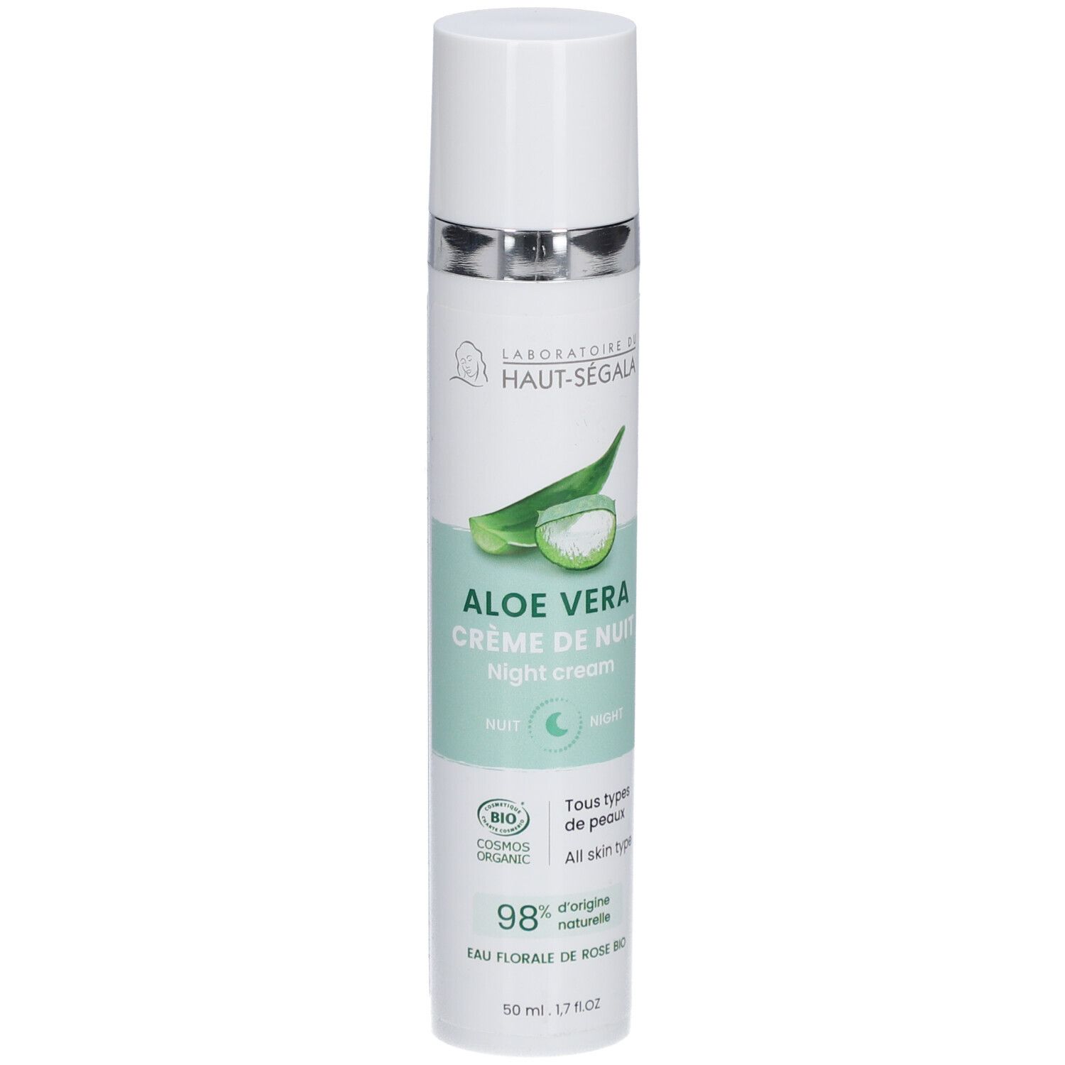 Flacon de crème Aloe Vera. Inscription: Laboratoire du Haut-Ségala, Crème de nuit bio. Certification bio. 98% d'ingrédients naturels.