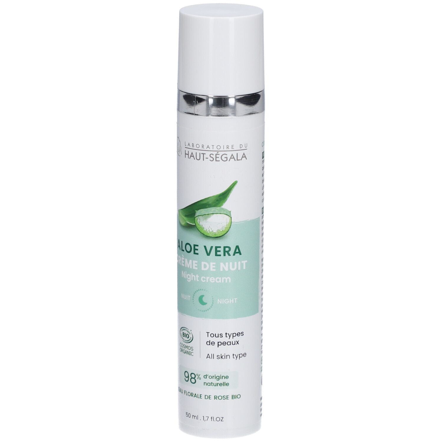 Flacon de crème Aloe Vera. Inscription: Laboratoire du Haut-Ségala, Crème de nuit bio. Certification bio. 98% d'ingrédients naturels.