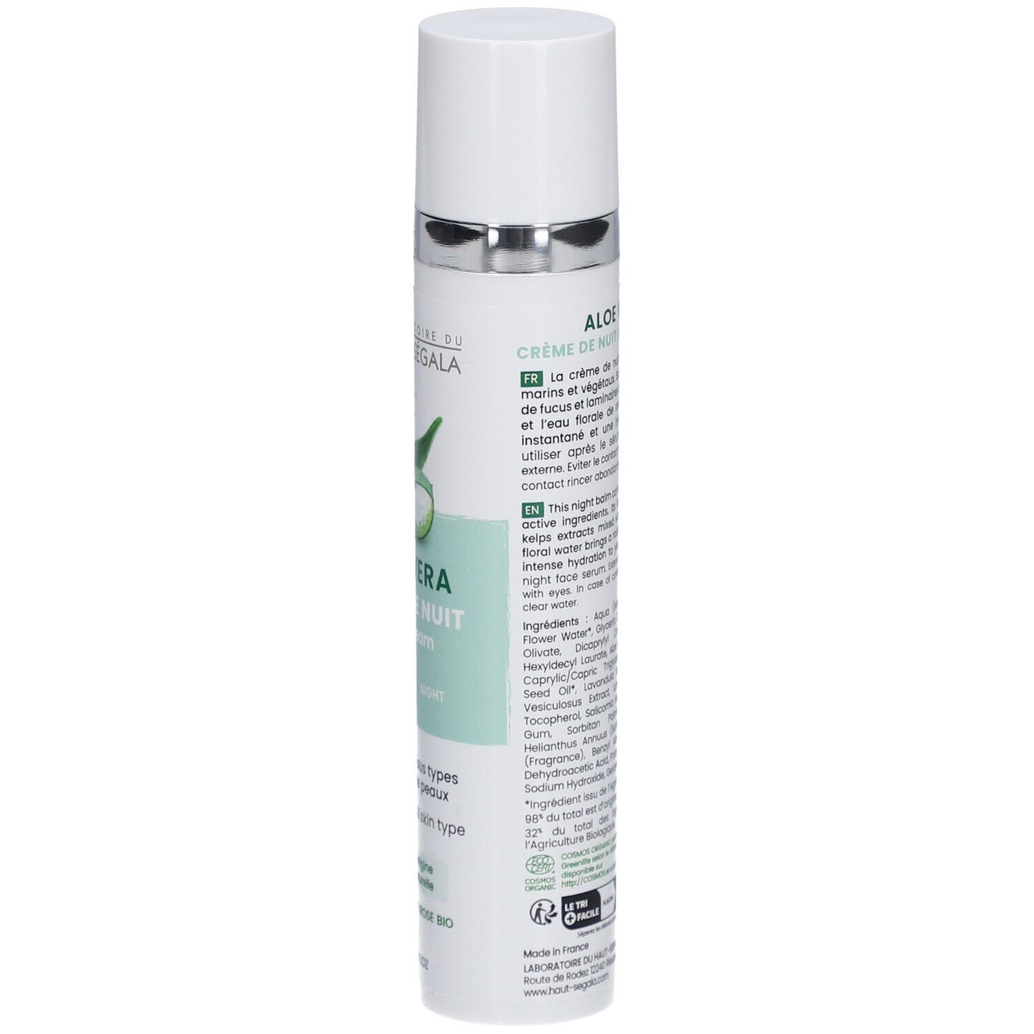 Flacon de crème Aloe Vera. Inscription: Laboratoire du Haut-Ségala, Crème de nuit bio. Certification bio. 98% d'ingrédients naturels.