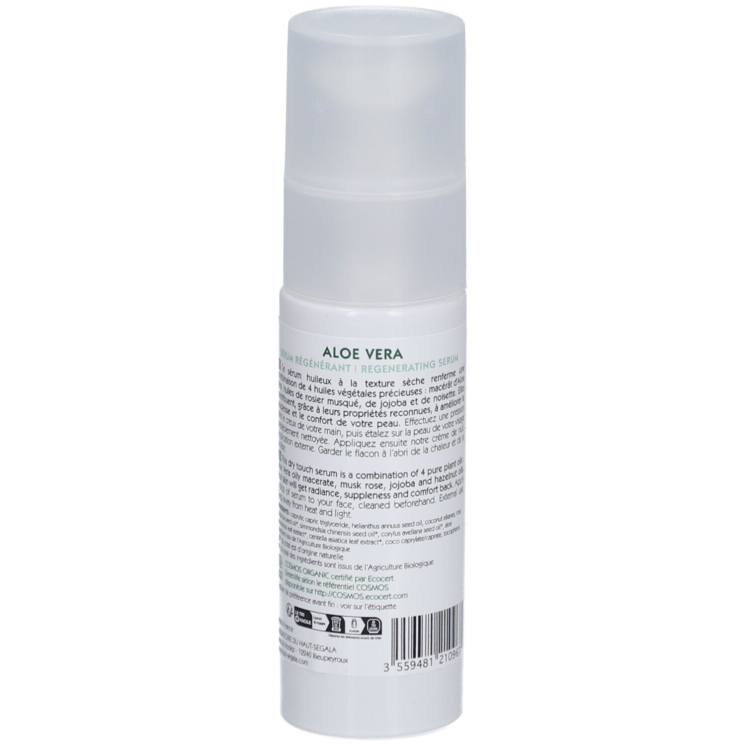 Flacon blanc avec étiquette verte. Inscription: Aloe Vera Sérum Régénérant. Certification bio.