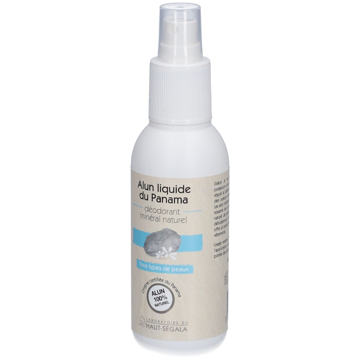 Flacon spray blanc avec étiquette. Inscription: Alun liquide du Panama, déodorant minéral naturel. Pour tous types de peaux.