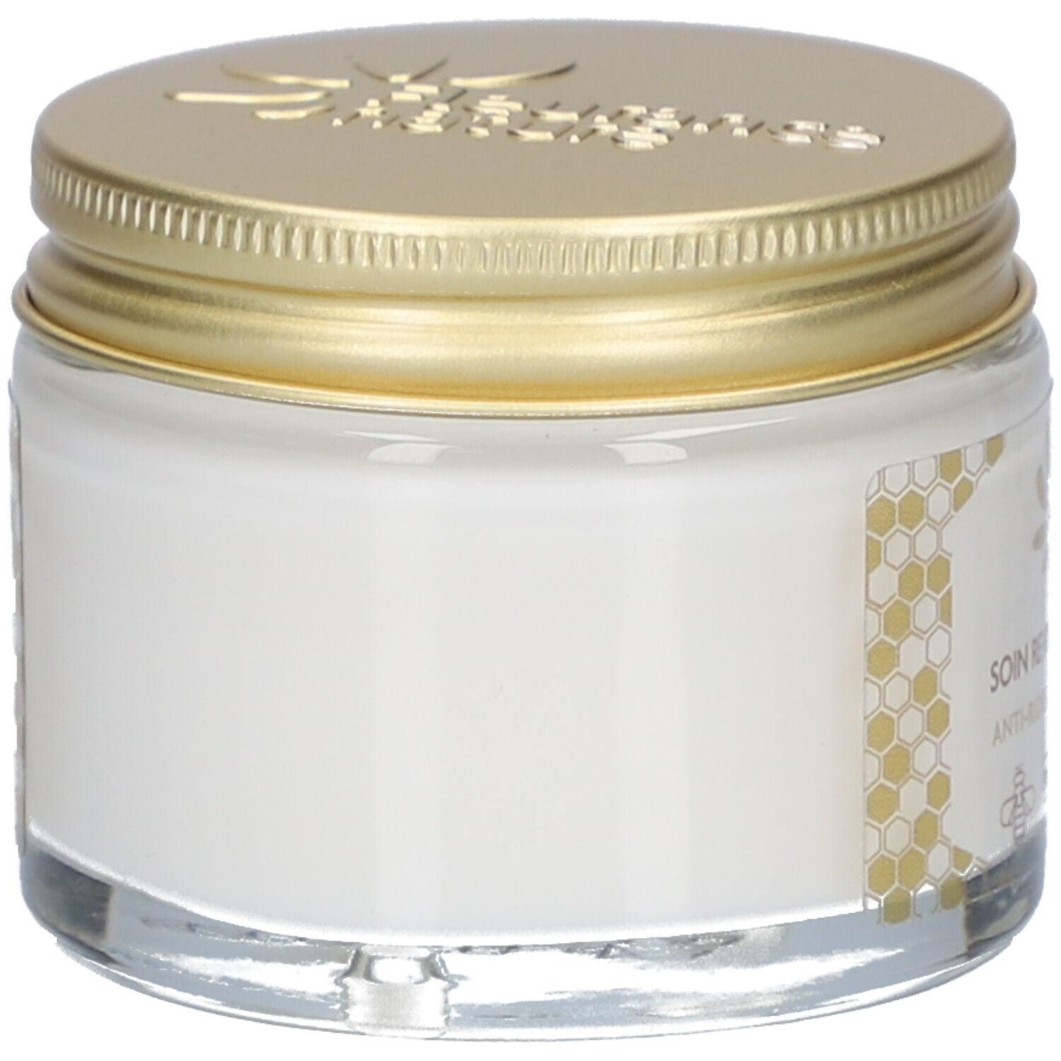 Pot met goudkleurig deksel. Opschrift: Fleurance Nature. Witte crème. Honingraat ontwerp op het etiket.